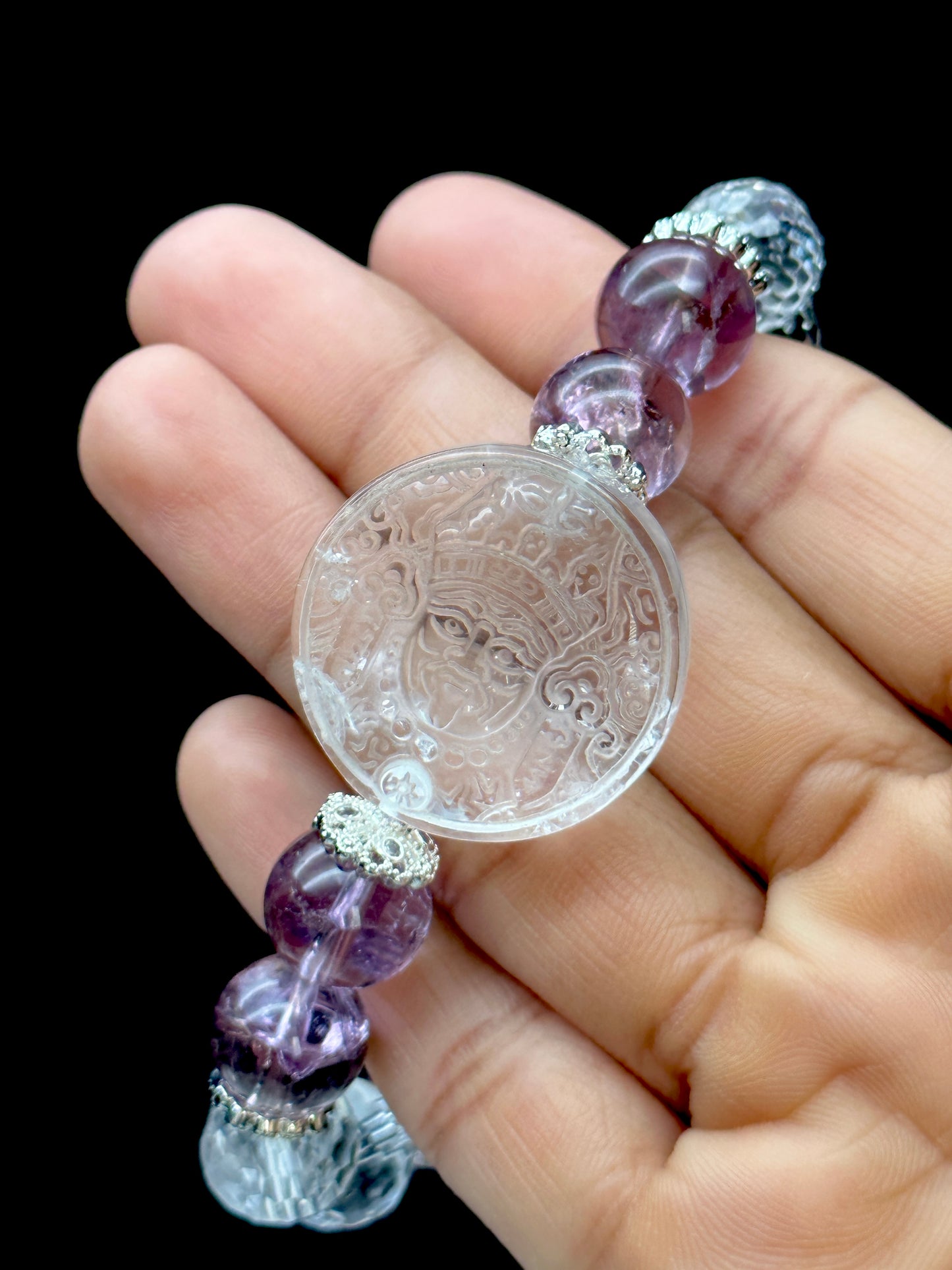 Amethyst & Clear Quartz Crystal Bracelet with Carved Goddess Tara – 12mm Beads, Spiritual Healing Jewelry