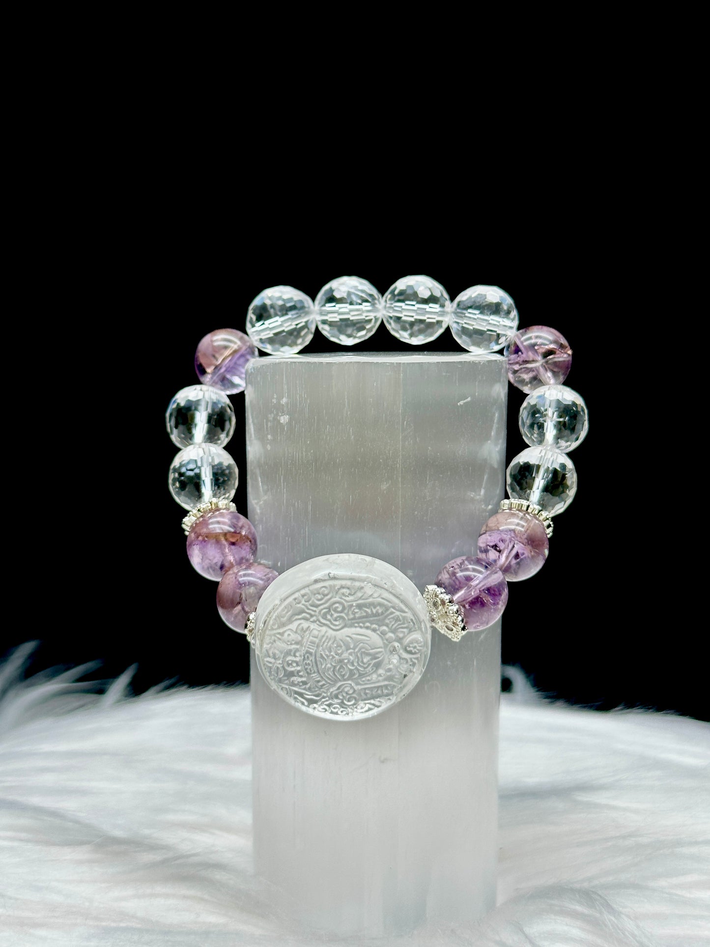Amethyst & Clear Quartz Crystal Bracelet with Carved Goddess Tara – 12mm Beads, Spiritual Healing Jewelry