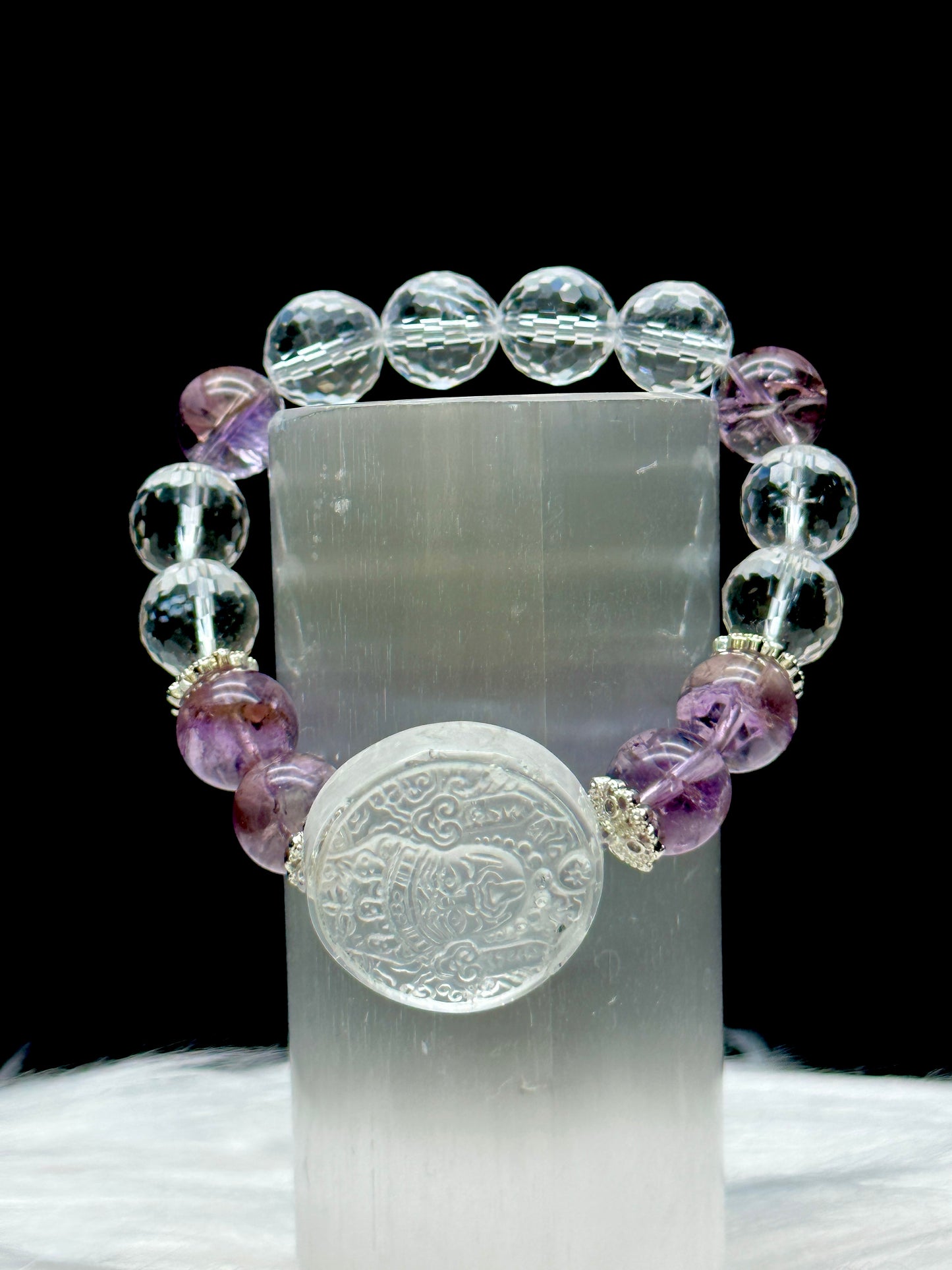 Amethyst & Clear Quartz Crystal Bracelet with Carved Goddess Tara – 12mm Beads, Spiritual Healing Jewelry