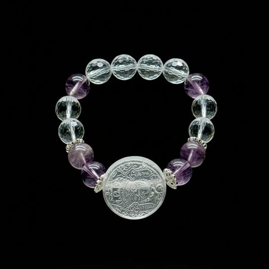 Amethyst & Clear Quartz Crystal Bracelet with Carved Goddess Tara – 12mm Beads, Spiritual Healing Jewelry