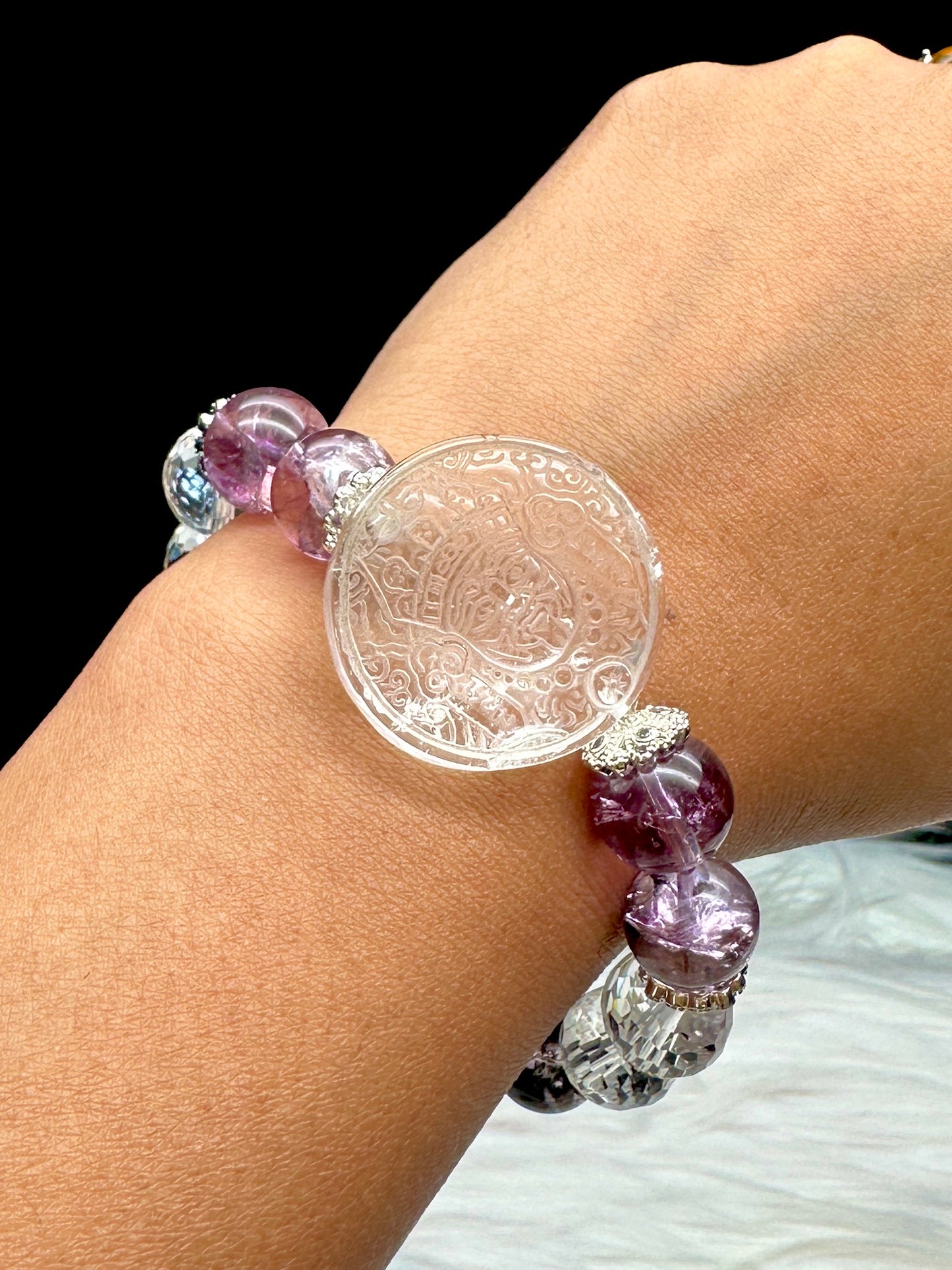 Amethyst & Clear Quartz Crystal Bracelet with Carved Goddess Tara – 12mm Beads, Spiritual Healing Jewelry