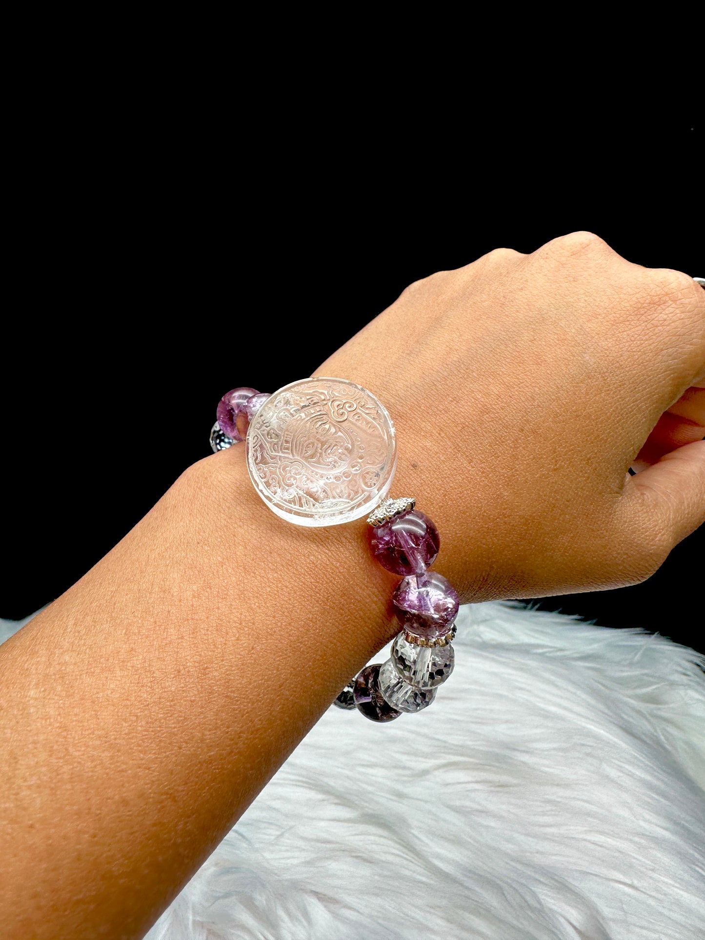 Amethyst & Clear Quartz Crystal Bracelet with Carved Goddess Tara – 12mm Beads, Spiritual Healing Jewelry