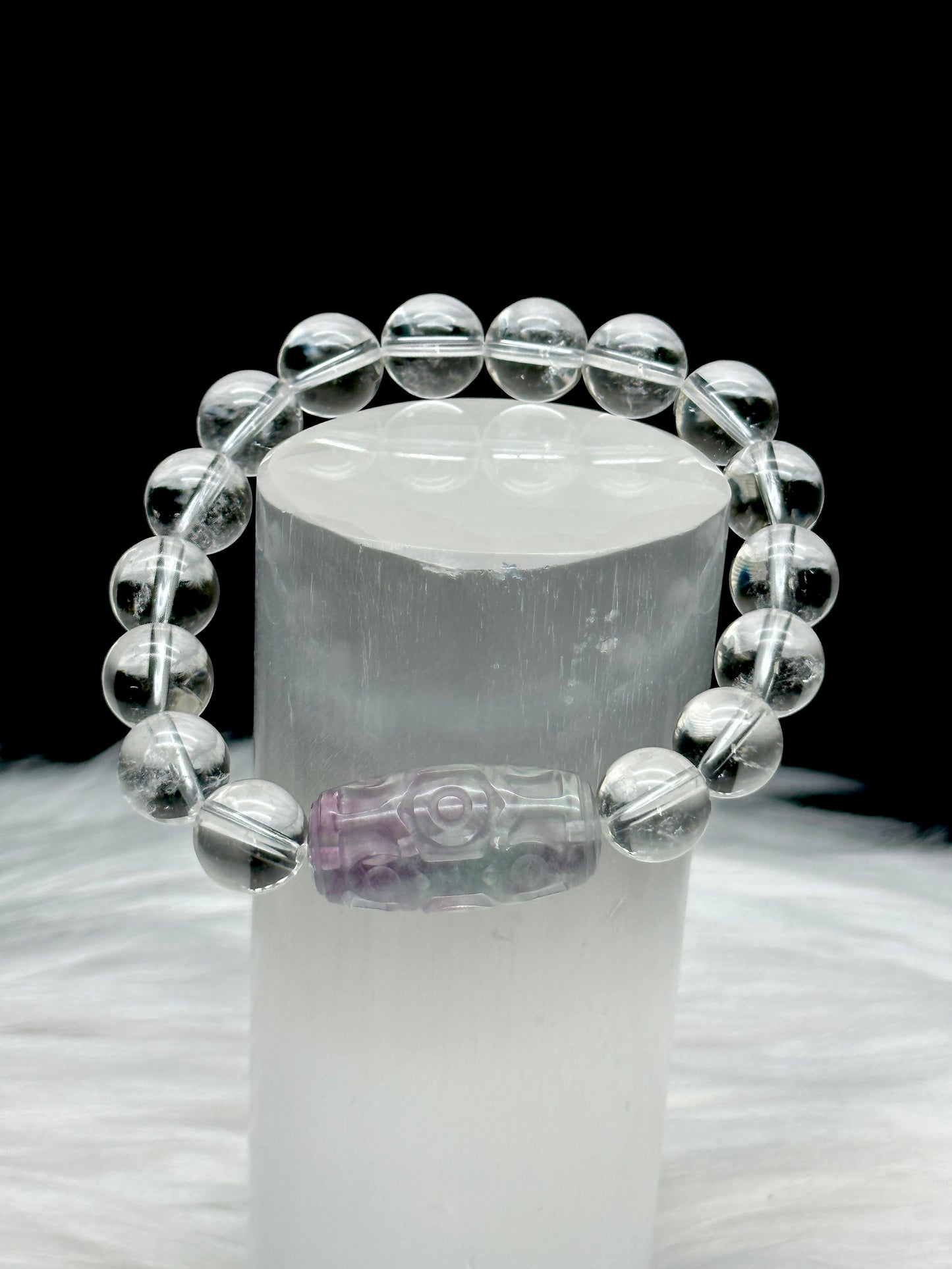 Clear Quartz Crystal Bracelet with Carved Fluorite Center Bead – 10mm Beads, Energy Healing Bracelet