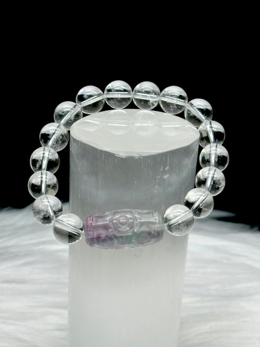 Clear Quartz Crystal Bracelet with Carved Fluorite Center Bead – 10mm Beads, Energy Healing Bracelet