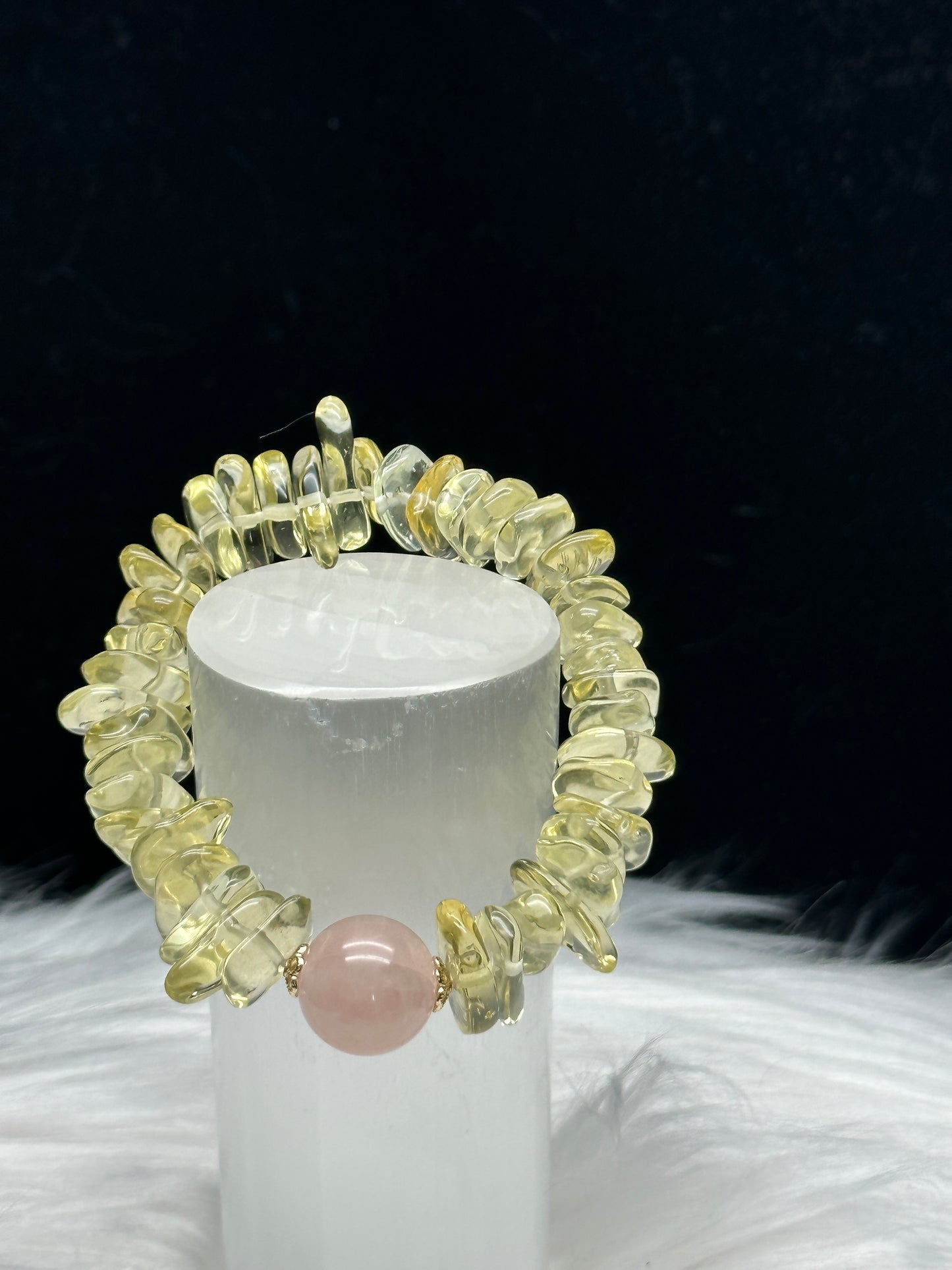 Citrine Crystal Chip Bracelet with Rose Quartz Center Bead – High Quality