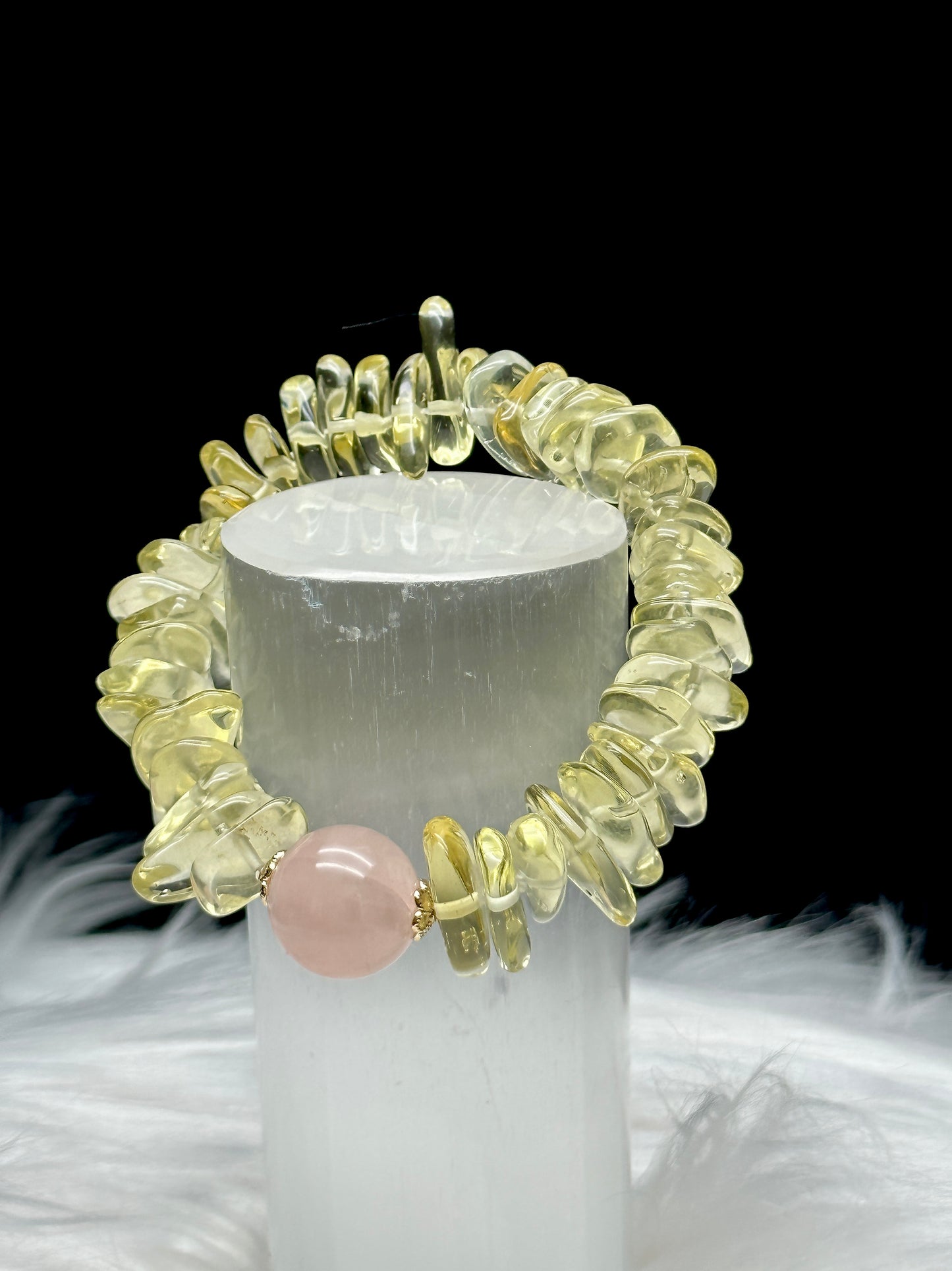Citrine Crystal Chip Bracelet with Rose Quartz Center Bead – High Quality