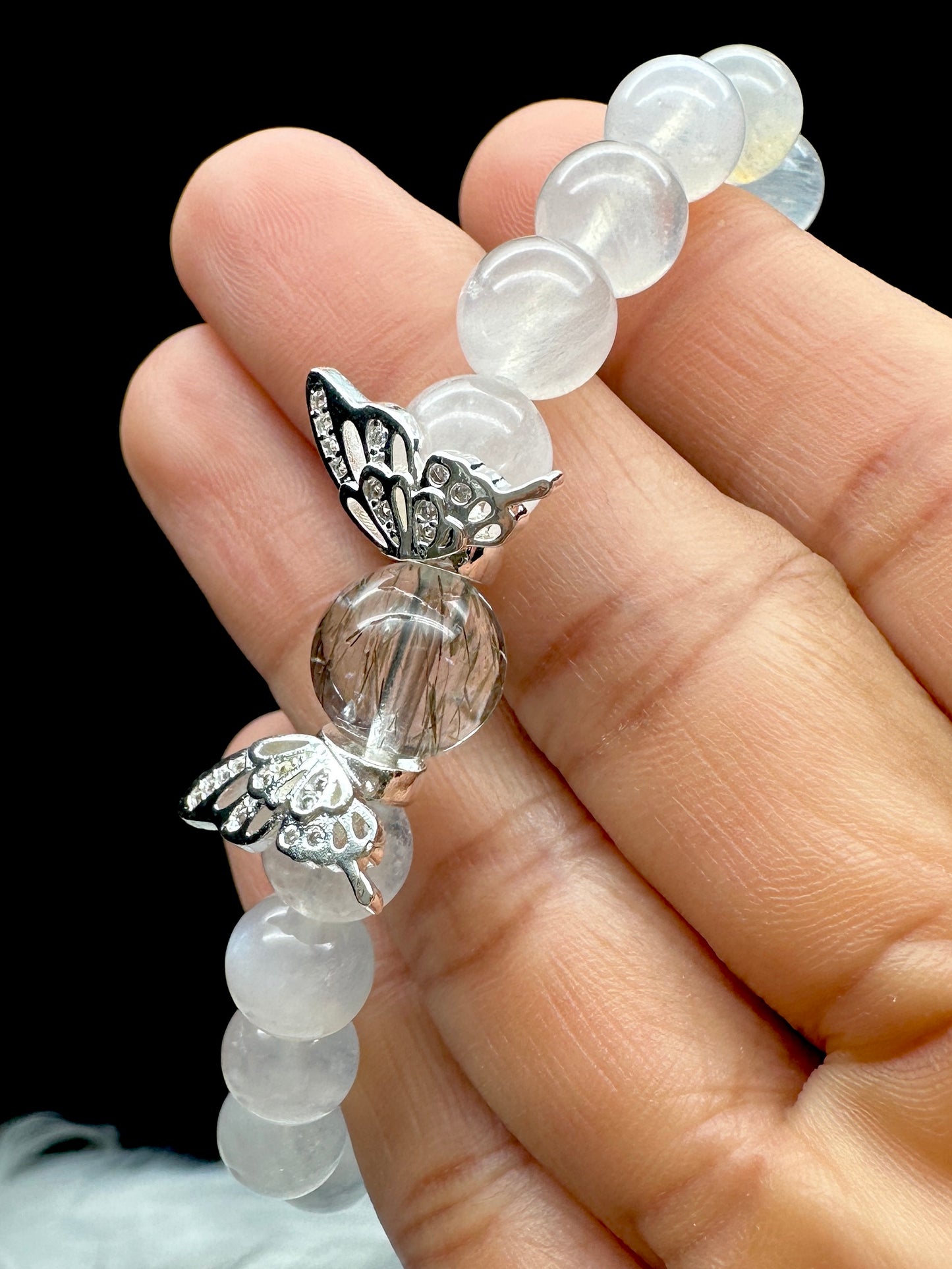 White Moonstone Bracelet with Rutile Quartz Center & Sterling Silver Butterfly Charm – 8mm Beads, Blue Flash, Stretch Cord