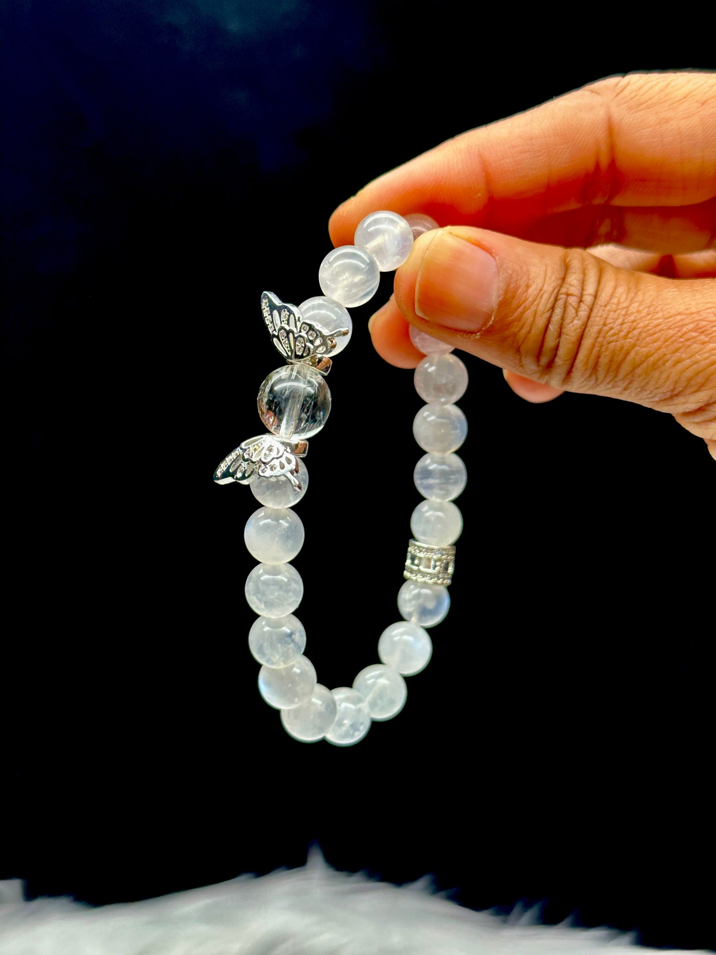 White Moonstone Bracelet with Rutile Quartz Center & Sterling Silver Butterfly Charm – 8mm Beads, Blue Flash, Stretch Cord