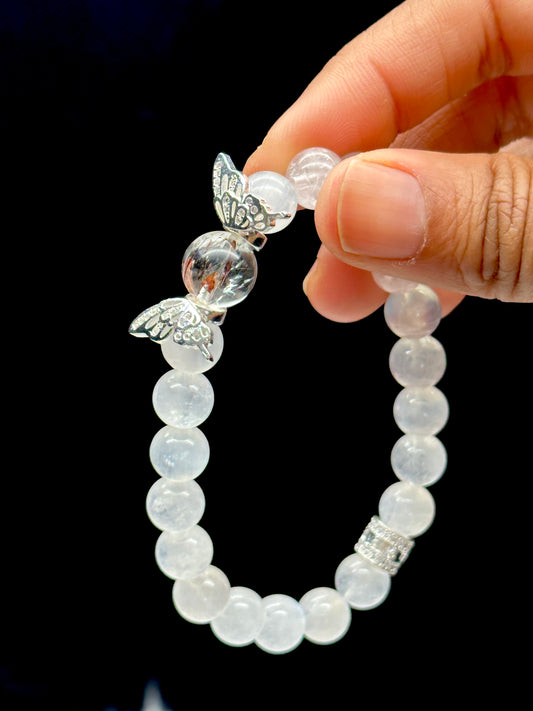 White Moonstone Bracelet with Rutile Quartz Center & Sterling Silver Butterfly Charm – 8mm Beads, Blue Flash, Stretch Cord