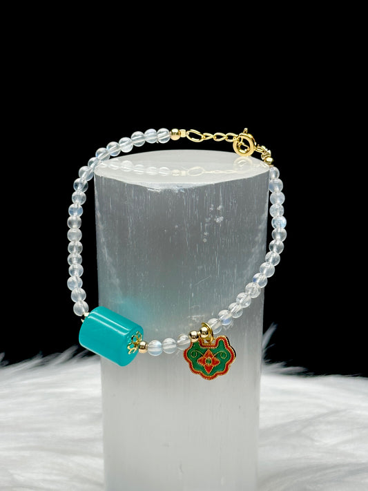 White Moonstone Crystal Bracelet with Blue Amazonite Center – Feng Shui Sterling Silver Charm, Adjustable Hook