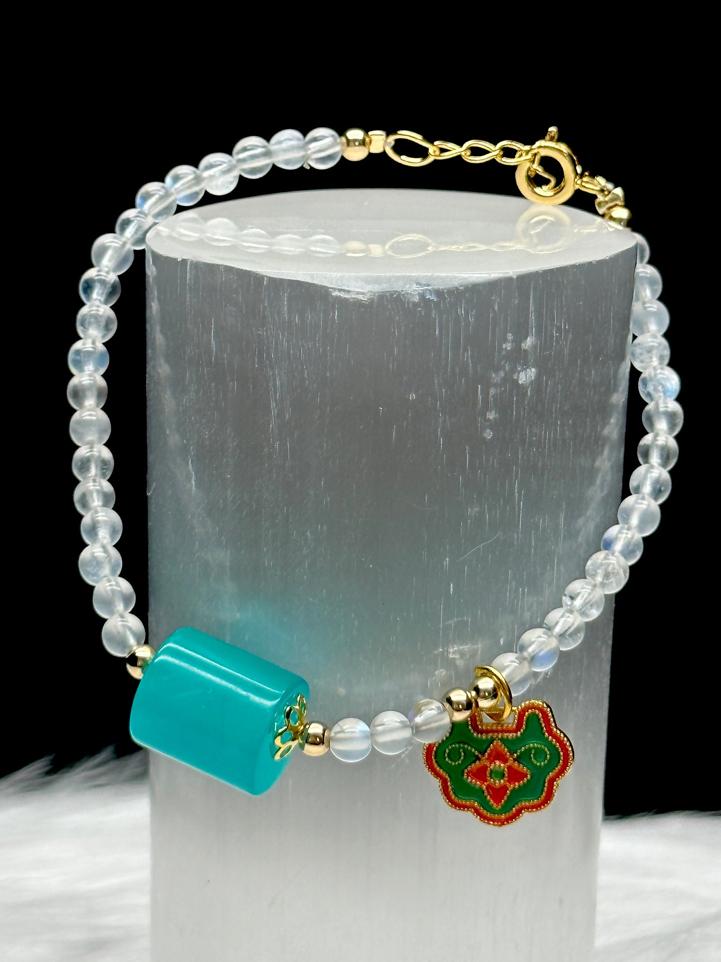 White Moonstone Crystal Bracelet with Blue Amazonite Center – Feng Shui Sterling Silver Charm, Adjustable Hook