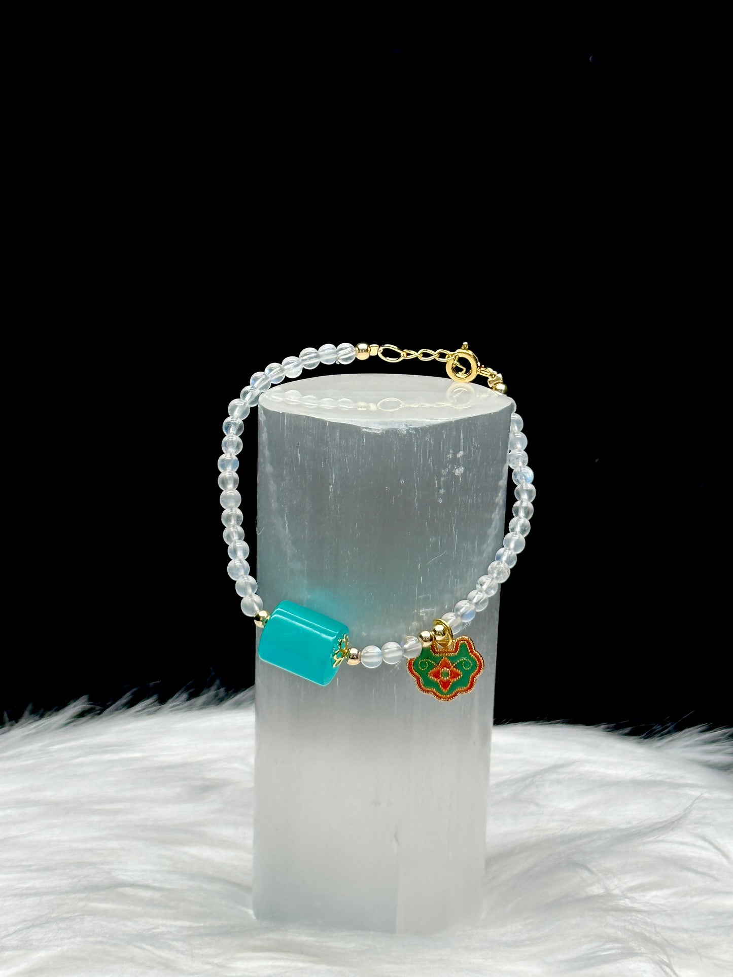 White Moonstone Crystal Bracelet with Blue Amazonite Center – Feng Shui Sterling Silver Charm, Adjustable Hook