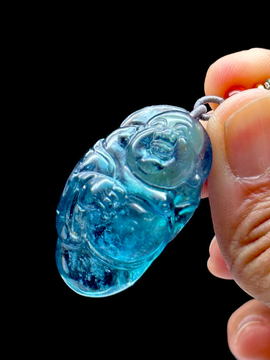 Exquisite Aquamarine Buddha Pendant – Hand-Carved Crystal Necklace on Cord | Premium Grade Aquamarine