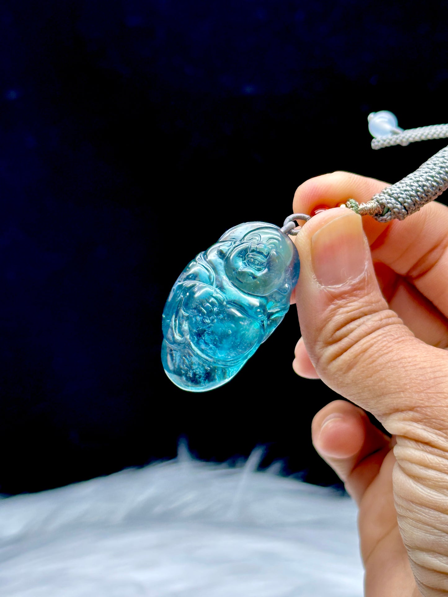 Exquisite Aquamarine Buddha Pendant – Hand-Carved Crystal Necklace on Cord | Premium Grade Aquamarine