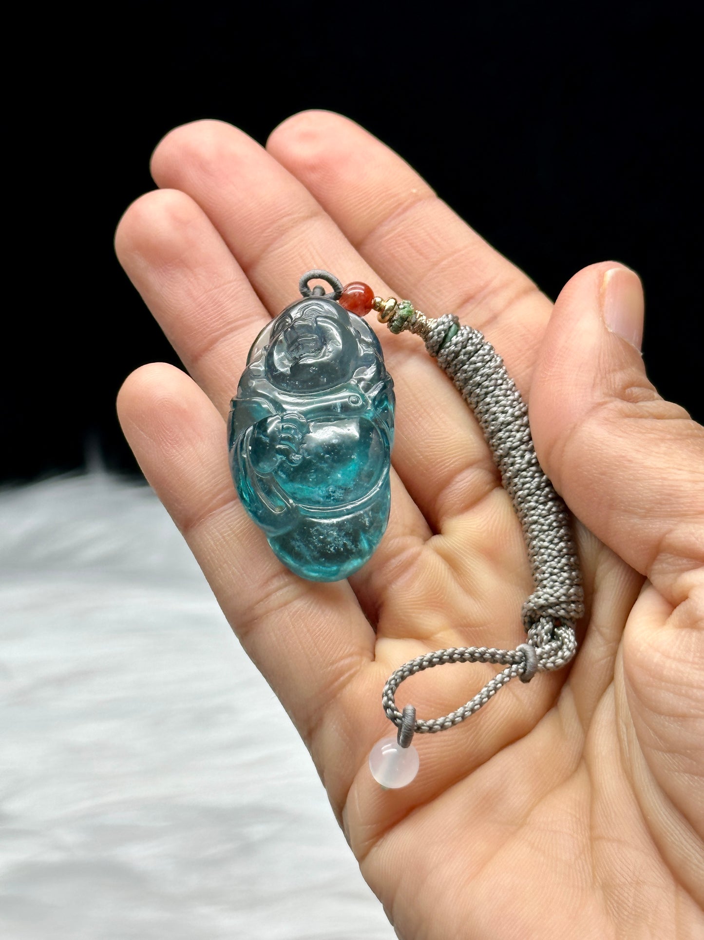 Exquisite Aquamarine Buddha Pendant – Hand-Carved Crystal Necklace on Cord | Premium Grade Aquamarine