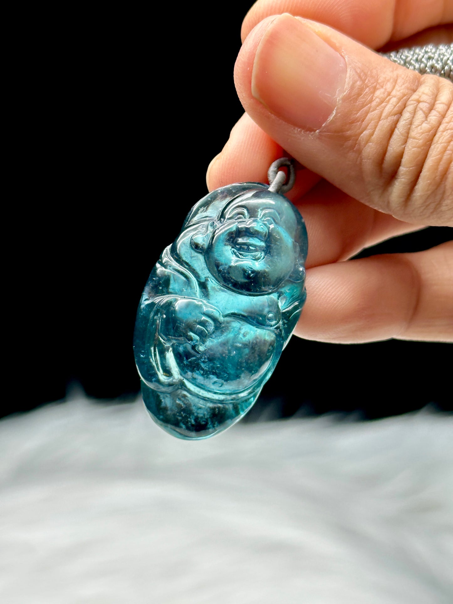 Exquisite Aquamarine Buddha Pendant – Hand-Carved Crystal Necklace on Cord | Premium Grade Aquamarine