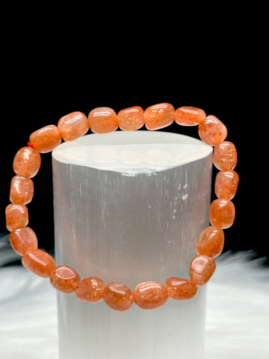 High Quality Gold Flash Sunstone Crystal Bracelet – 9mm Chip Beads, Stretch Cord, Natural Gemstone Jewelry