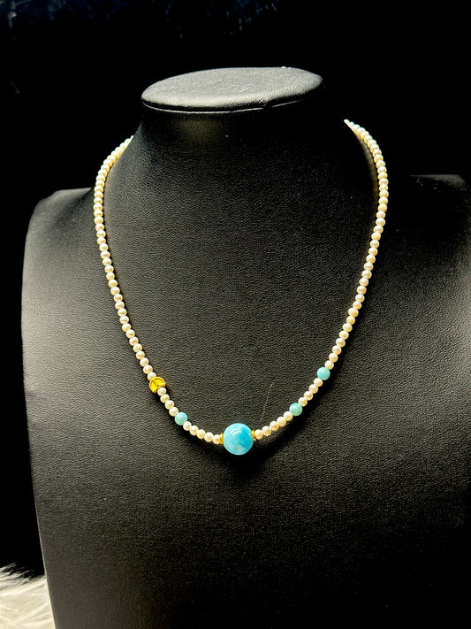 Natural Pearl & Larimar Bead Necklace – Sterling Silver Charm, Handmade Gemstone Jewelry
