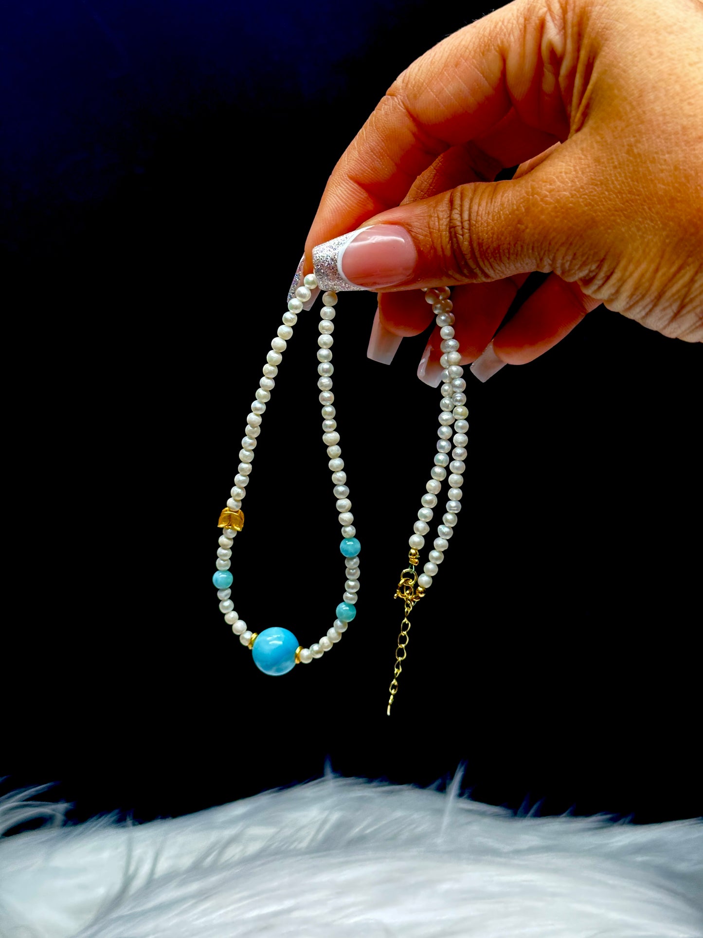 Natural Pearl & Larimar Bead Necklace – Sterling Silver Charm, Handmade Gemstone Jewelry