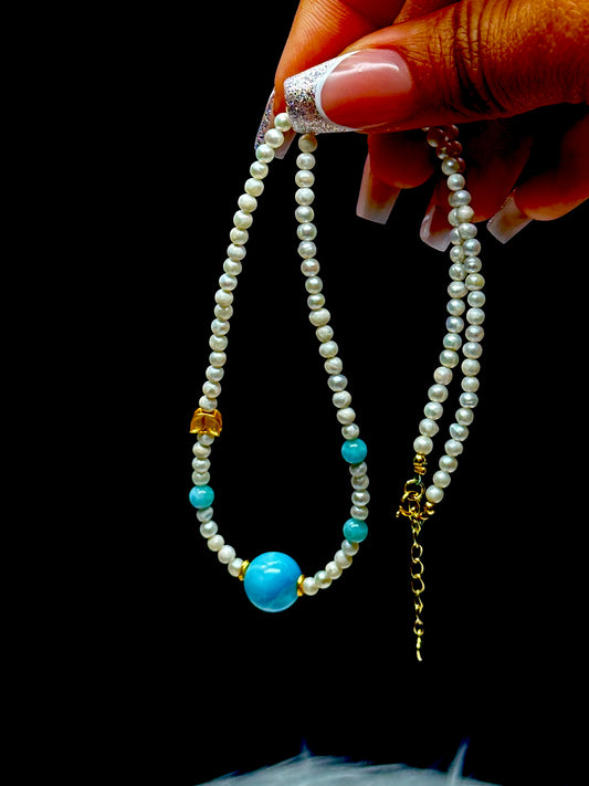 Natural Pearl & Larimar Bead Necklace | 925 Sterling Silver | Handmade