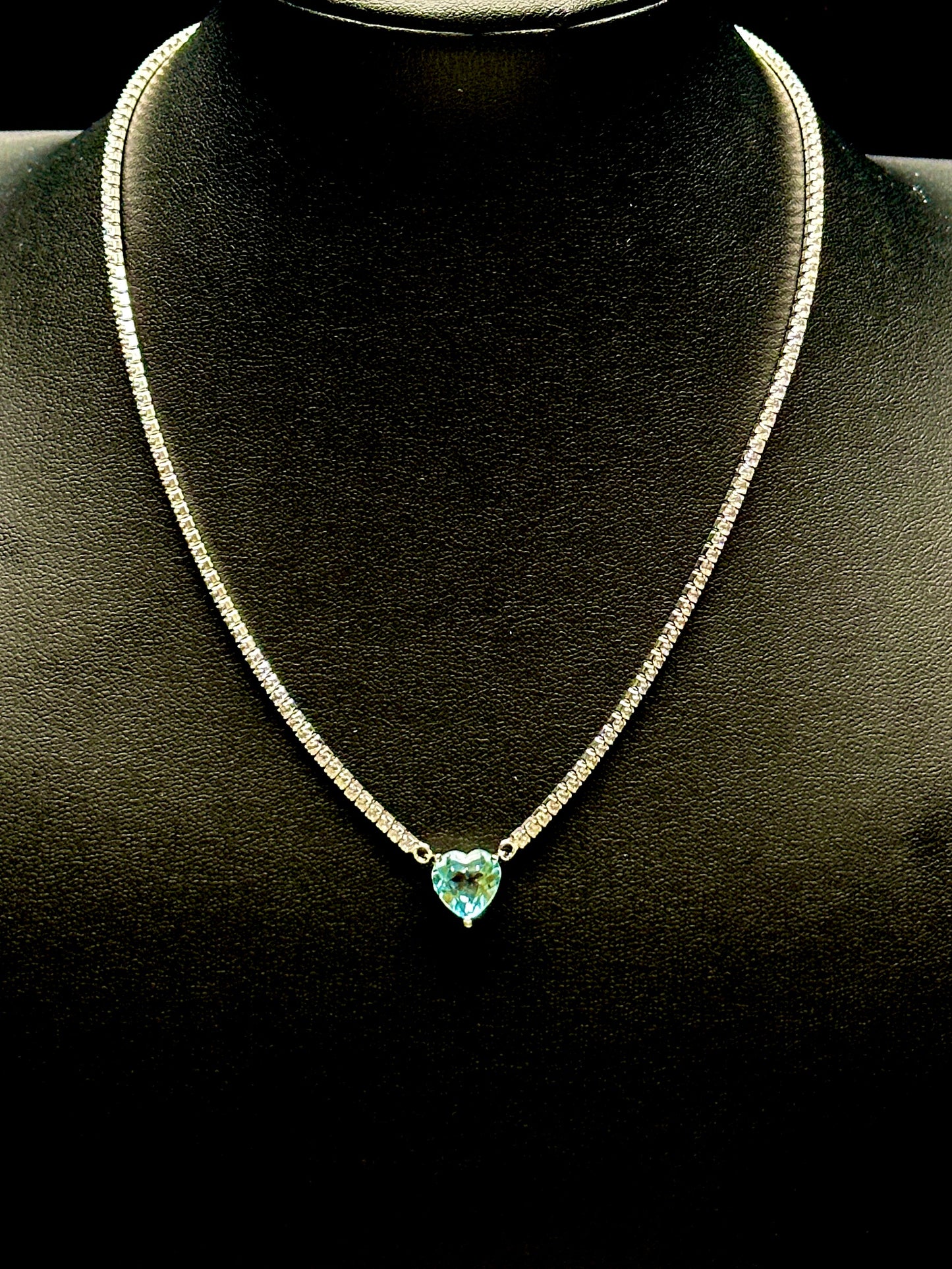 White Sapphire Tennis Necklace with Blue Topaz Heart Pendant – Sterling Silver, Elegant Crystal Necklace