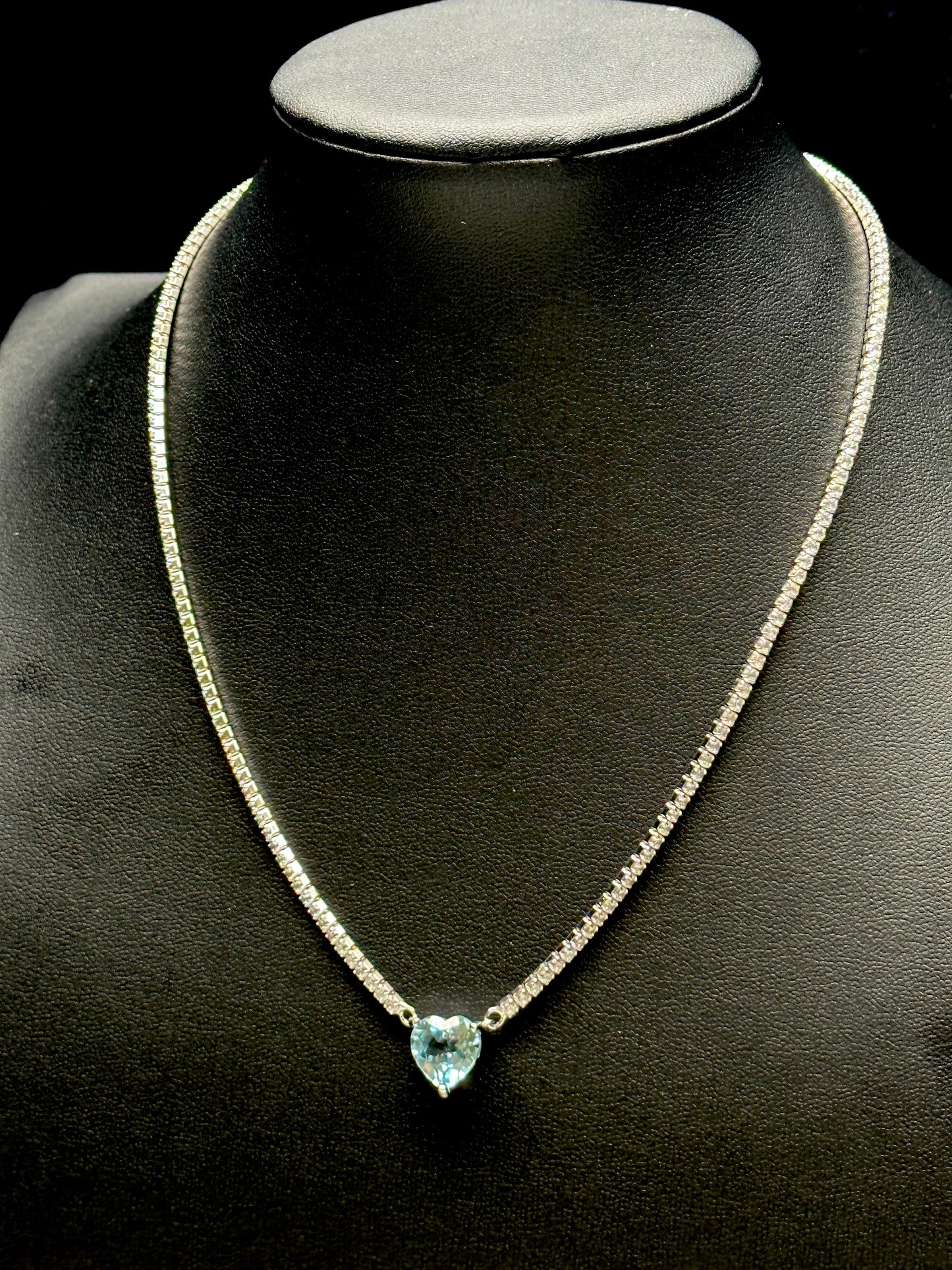 White Sapphire Tennis Necklace with Blue Topaz Heart Pendant – Sterling Silver, Elegant Crystal Necklace