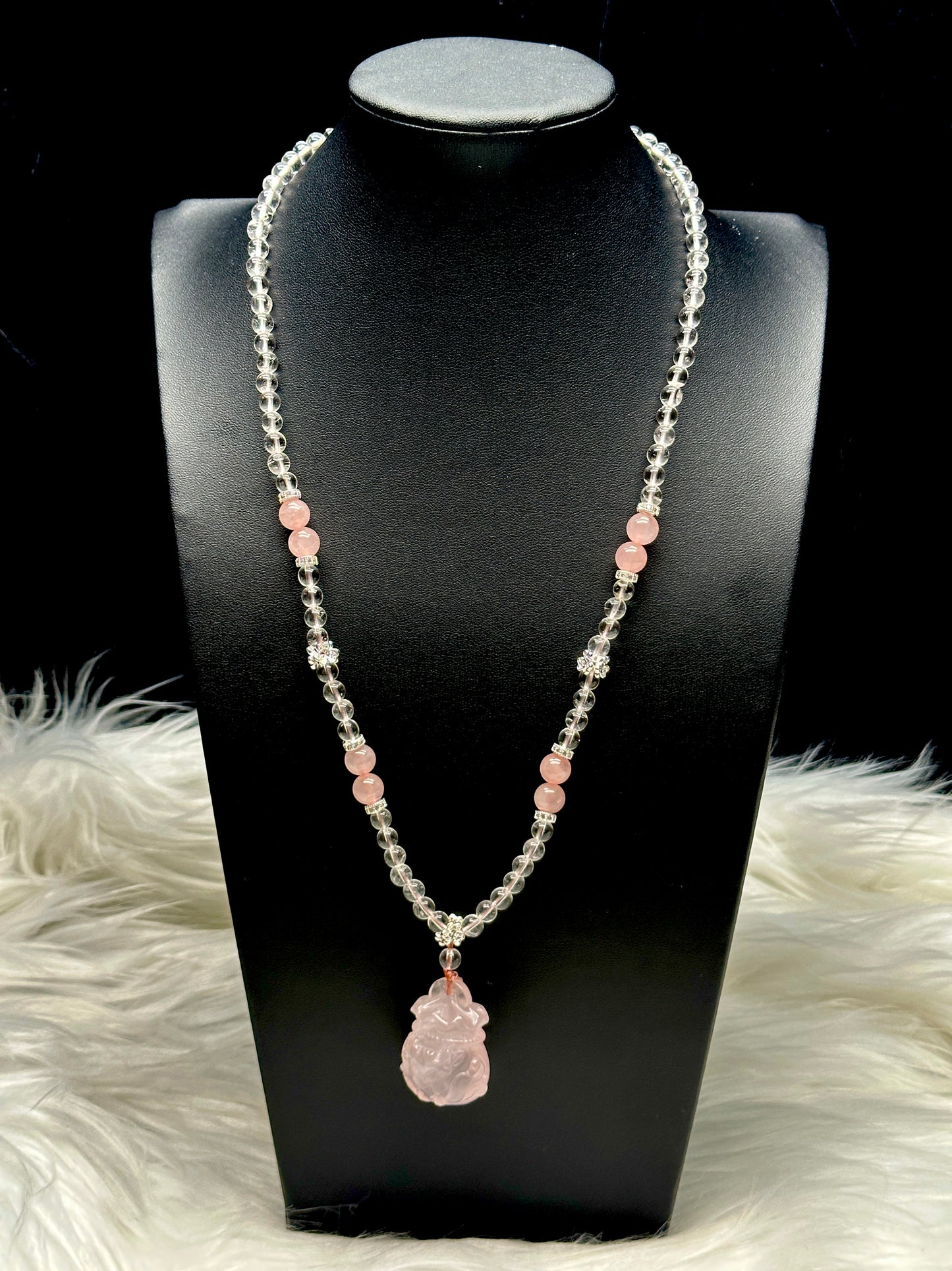 Clear Quartz & Rose Quartz Necklace with Carved Rose Quartz Wu Lou Pendant & Sterling Silver Accents – Healing Crystal Jewelry