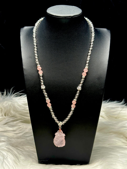 Clear Quartz & Rose Quartz Necklace with Carved Rose Quartz Wu Lou Pendant & Sterling Silver Accents – Healing Crystal Jewelry