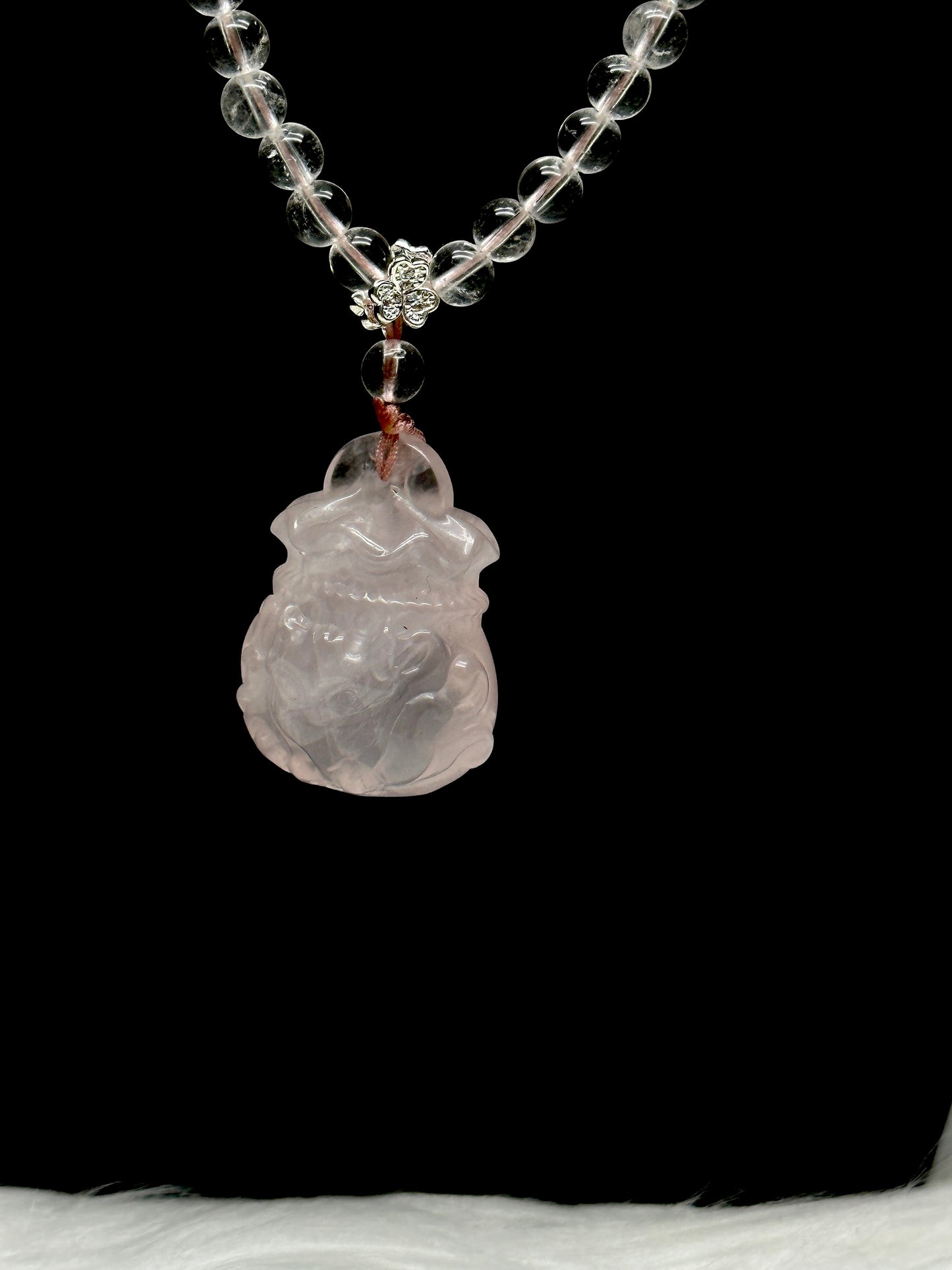 Clear Quartz & Rose Quartz Necklace with Carved Rose Quartz Wu Lou Pendant & Sterling Silver Accents – Healing Crystal Jewelry