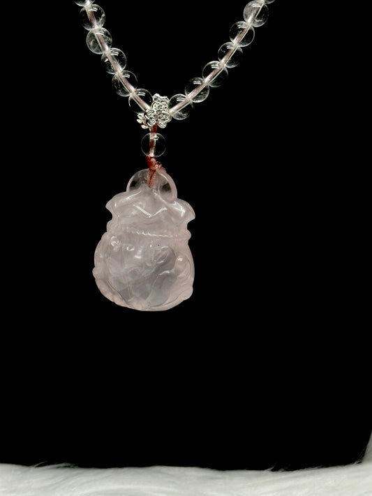 Clear Quartz & Rose Quartz Necklace with Carved Rose Quartz Wu Lou Pendant & Sterling Silver Accents – Healing Crystal Jewelry