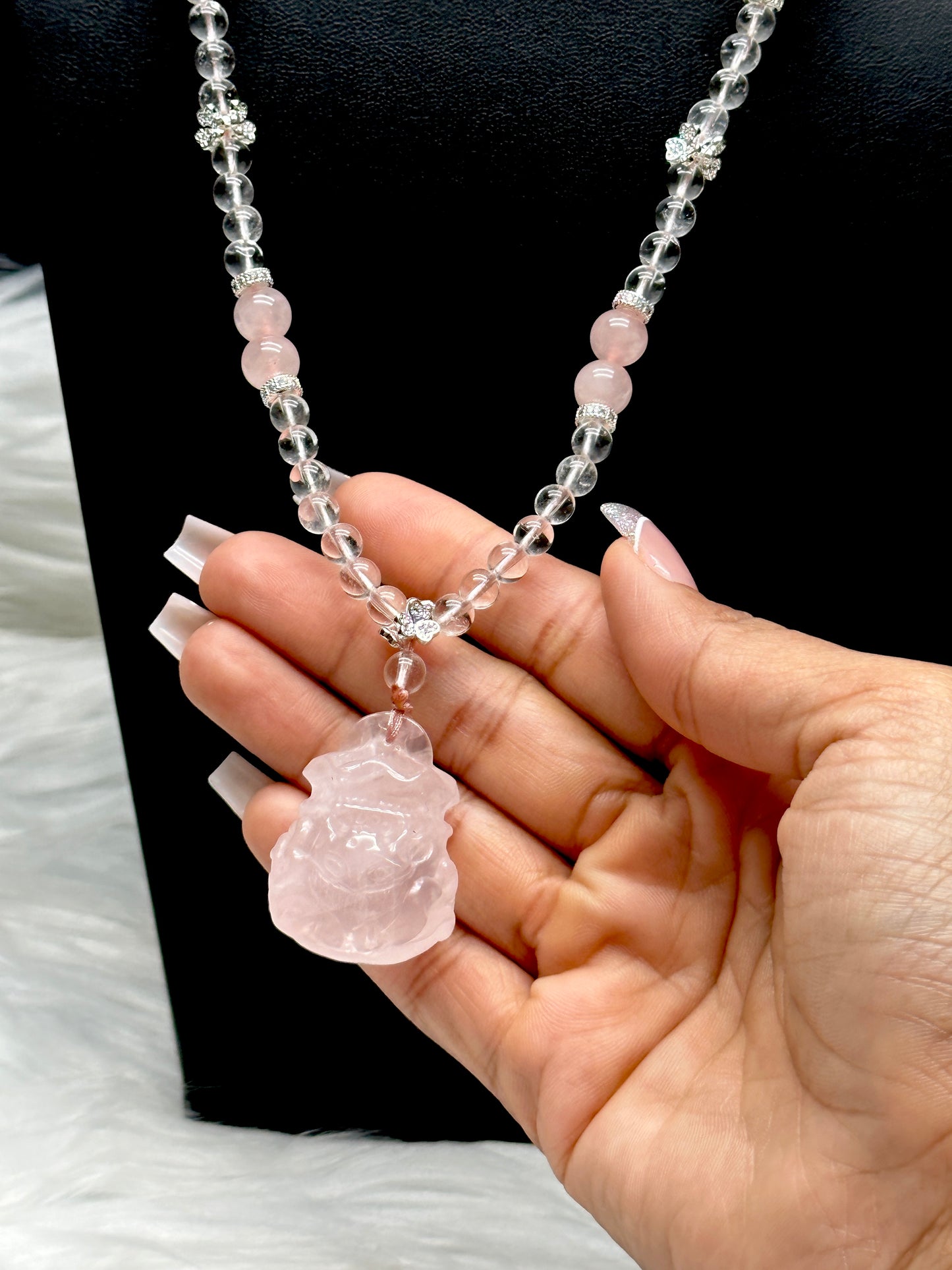 Clear Quartz & Rose Quartz Necklace with Carved Rose Quartz Wu Lou Pendant & Sterling Silver Accents – Healing Crystal Jewelry