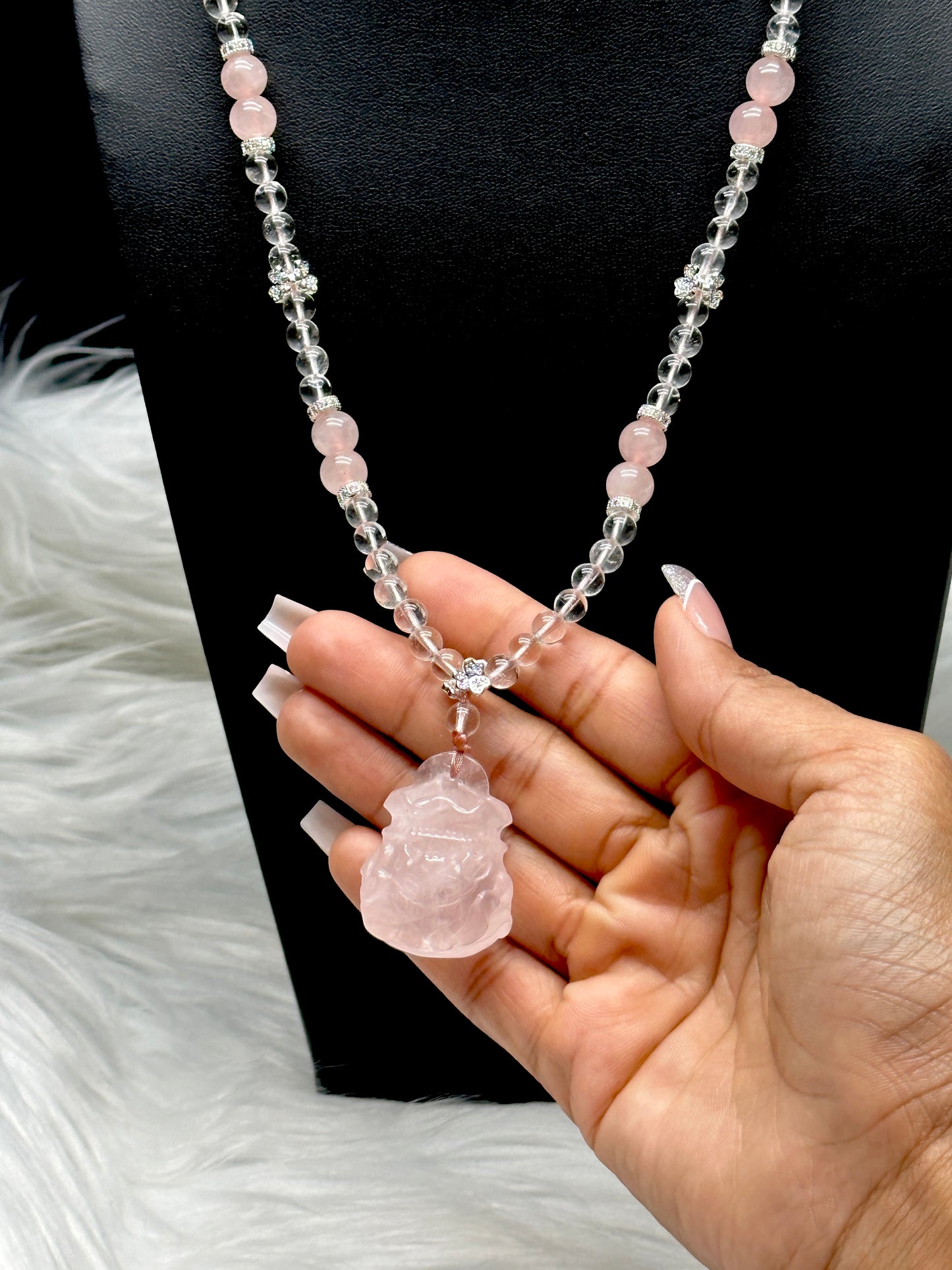 Clear Quartz & Rose Quartz Necklace with Carved Rose Quartz Wu Lou Pendant & Sterling Silver Accents – Healing Crystal Jewelry