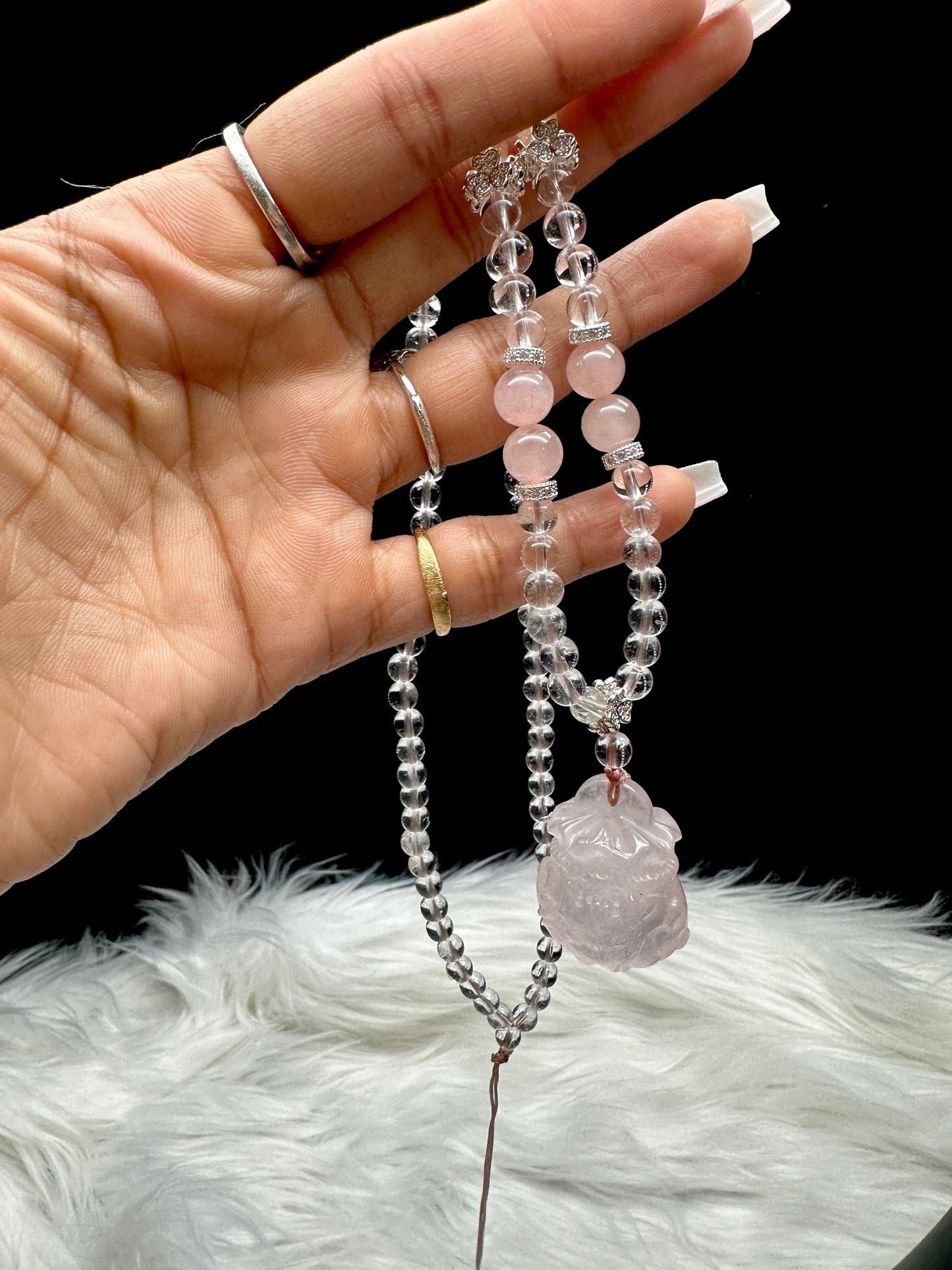 Clear Quartz & Rose Quartz Necklace with Carved Rose Quartz Wu Lou Pendant & Sterling Silver Accents – Healing Crystal Jewelry