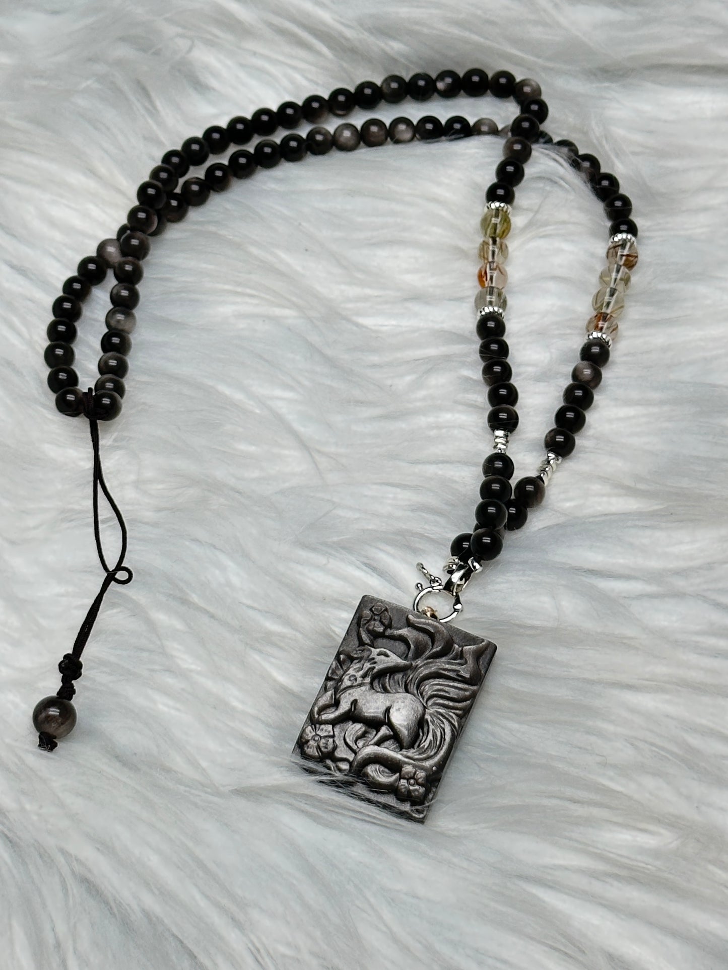 Silver Sheen Obsidian & Rutile Quartz Bead Necklace with Nine-Tail Fox Pendant | Hand-Carved Crystal Jewelry