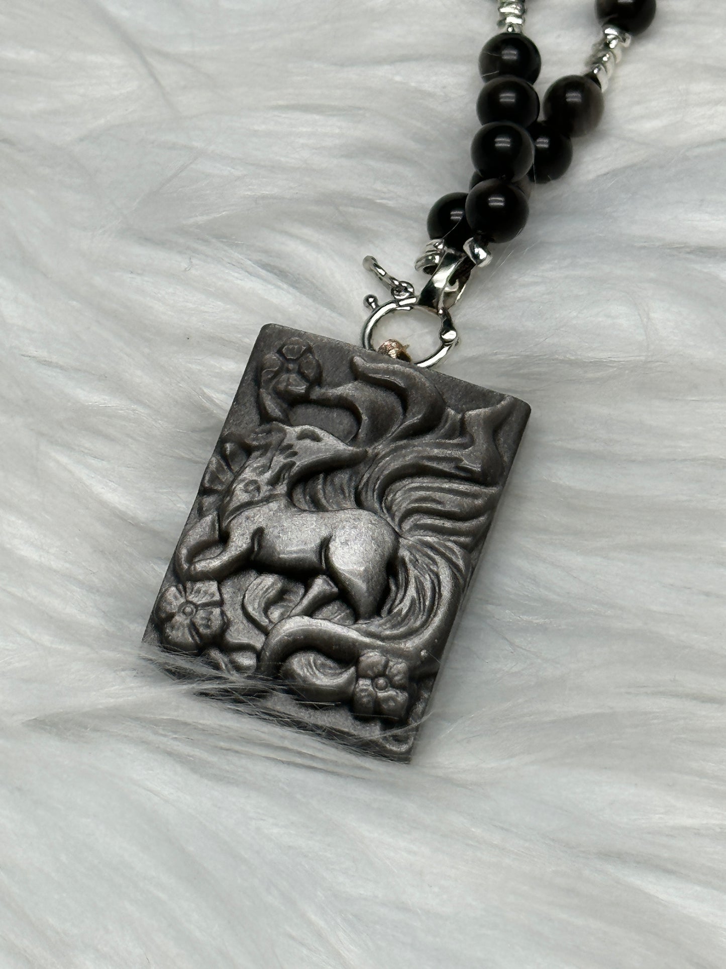 Silver Sheen Obsidian & Rutile Quartz Bead Necklace with Nine-Tail Fox Pendant | Hand-Carved Crystal Jewelry