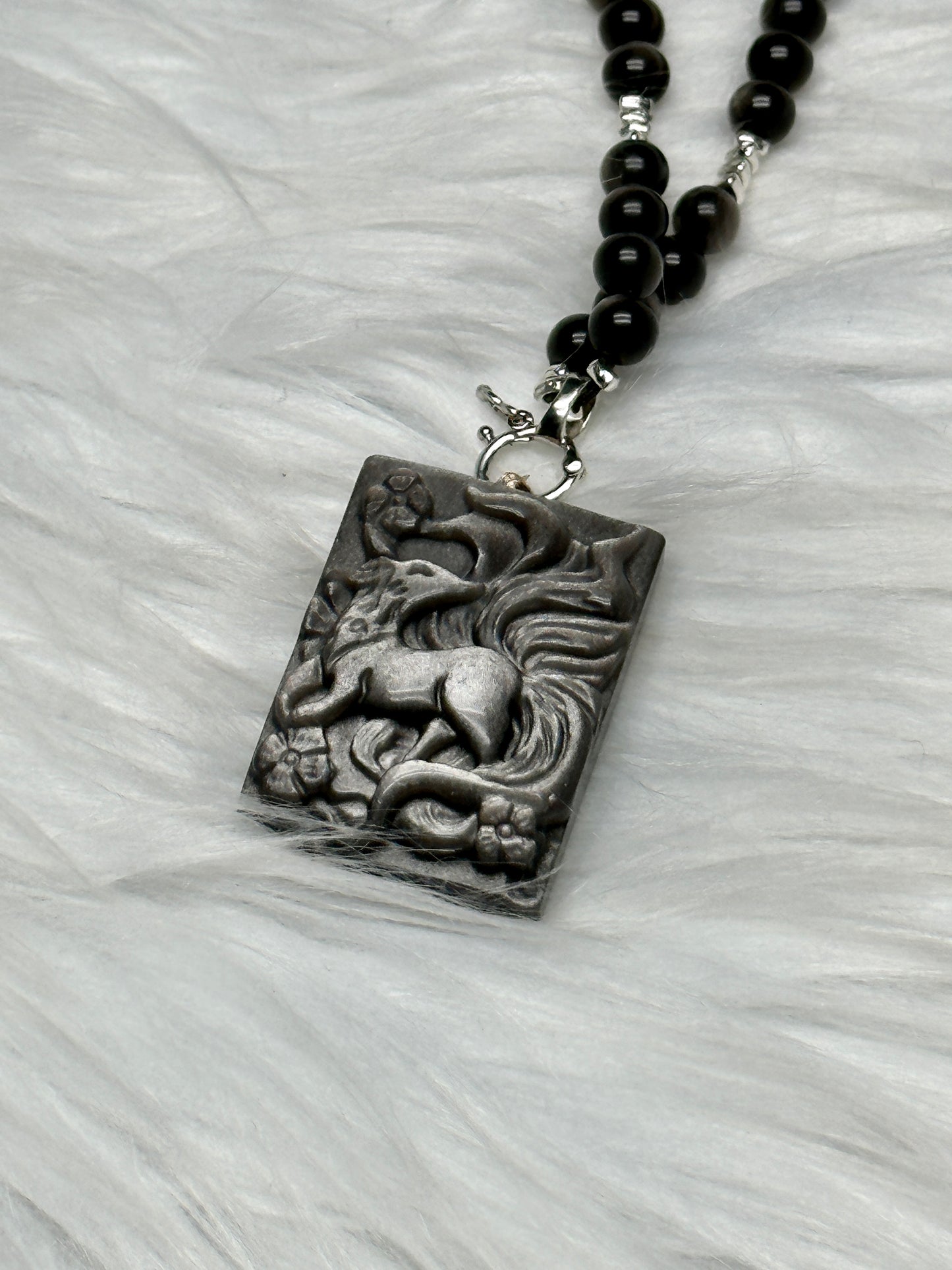 Silver Sheen Obsidian & Rutile Quartz Bead Necklace with Nine-Tail Fox Pendant | Hand-Carved Crystal Jewelry