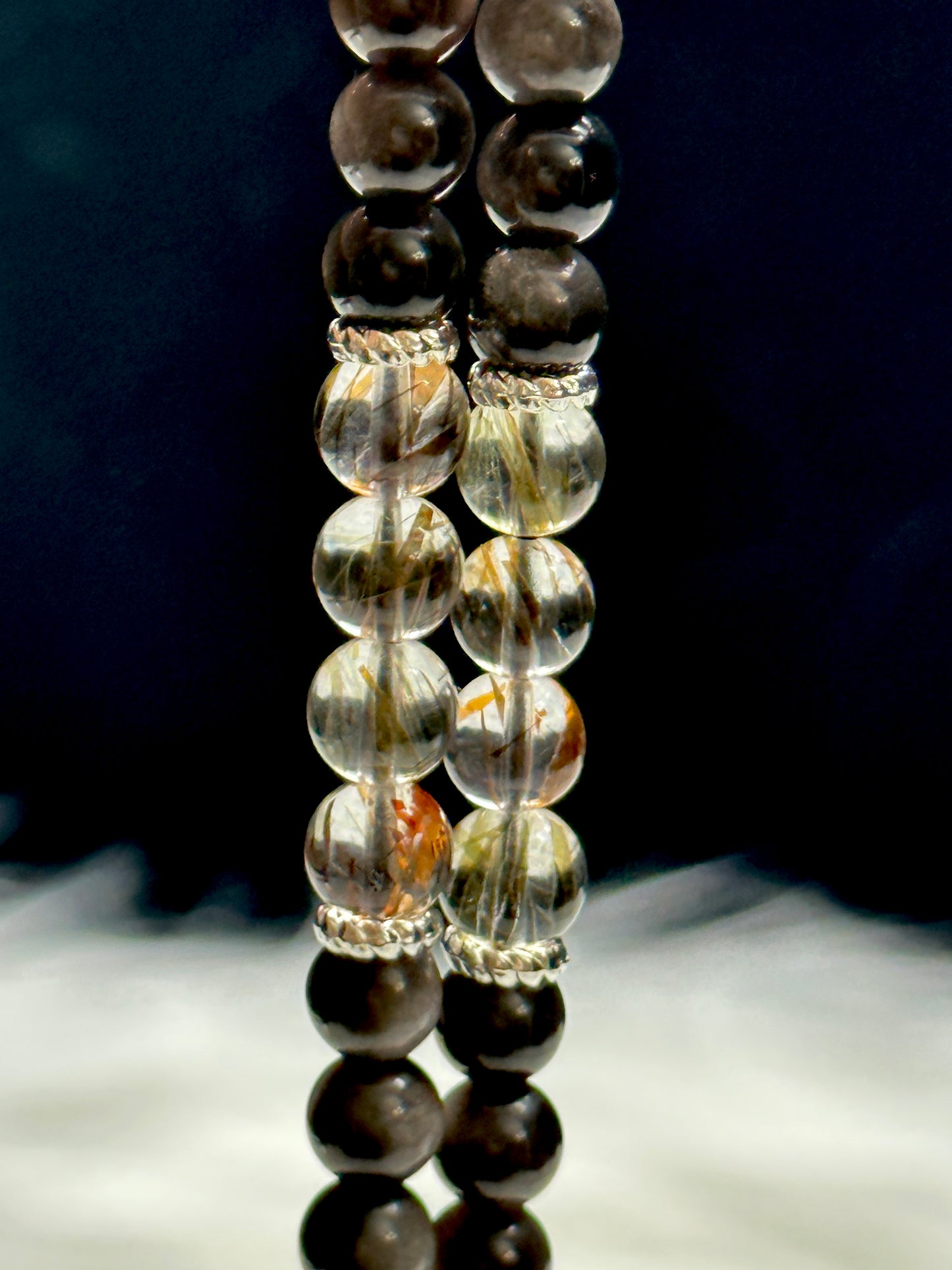 Silver Sheen Obsidian & Rutile Quartz Bead Necklace with Nine-Tail Fox Pendant | Hand-Carved Crystal Jewelry