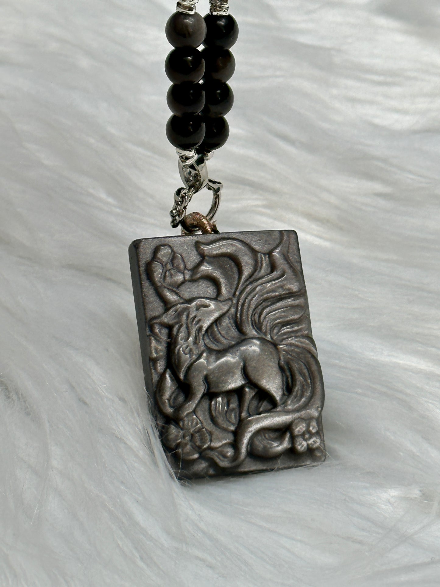 Silver Sheen Obsidian & Rutile Quartz Bead Necklace with Nine-Tail Fox Pendant | Hand-Carved Crystal Jewelry