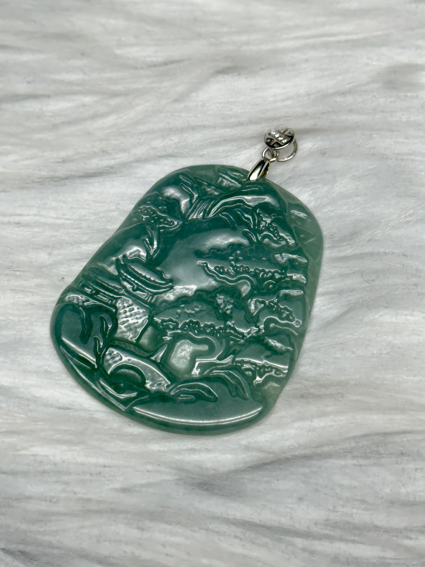 High-Quality Jade Carved Pendant – Scenic Carving with Sterling Silver Hook, Natural Green Jade