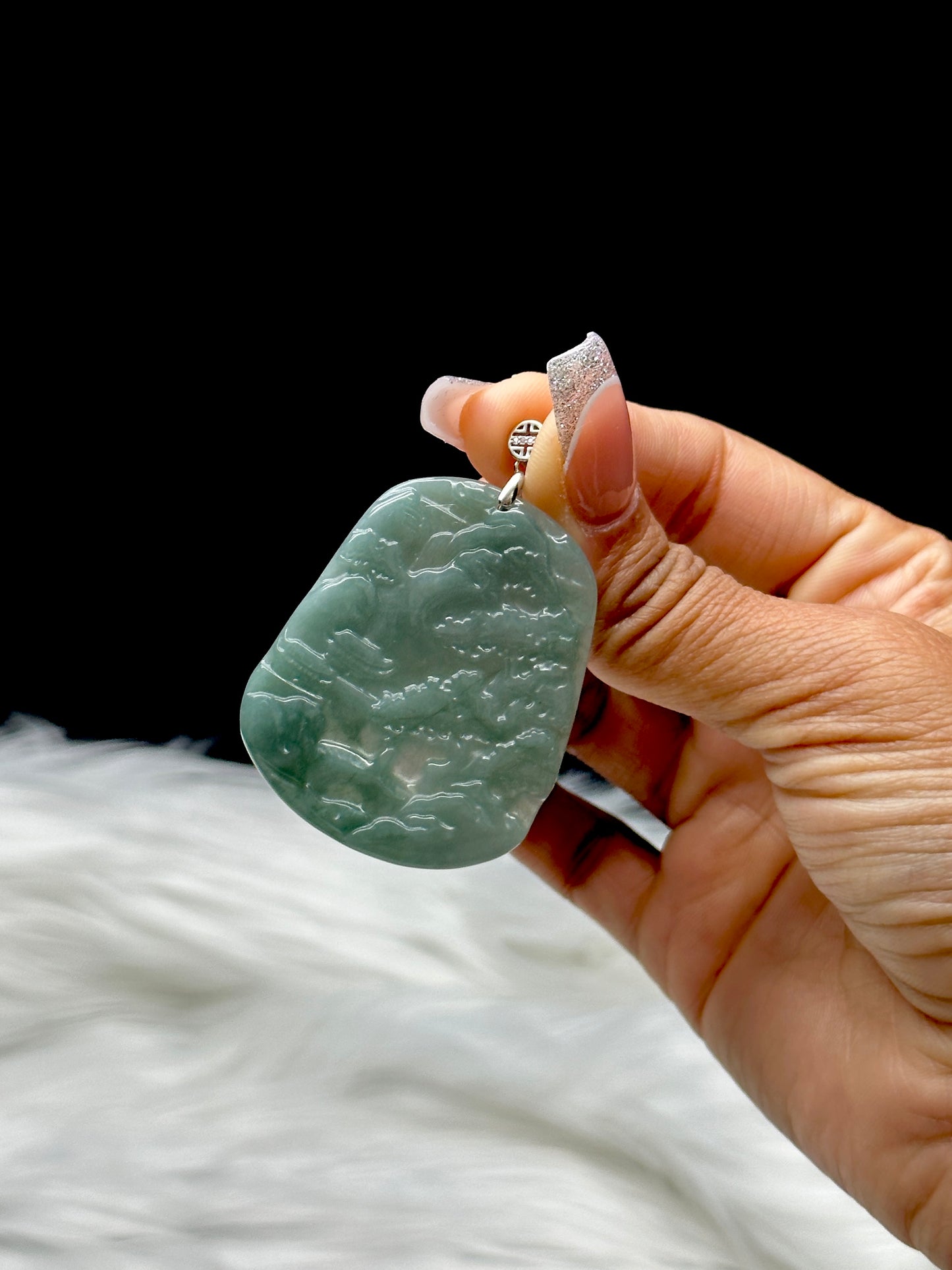 High-Quality Jade Carved Pendant – Scenic Carving with Sterling Silver Hook, Natural Green Jade