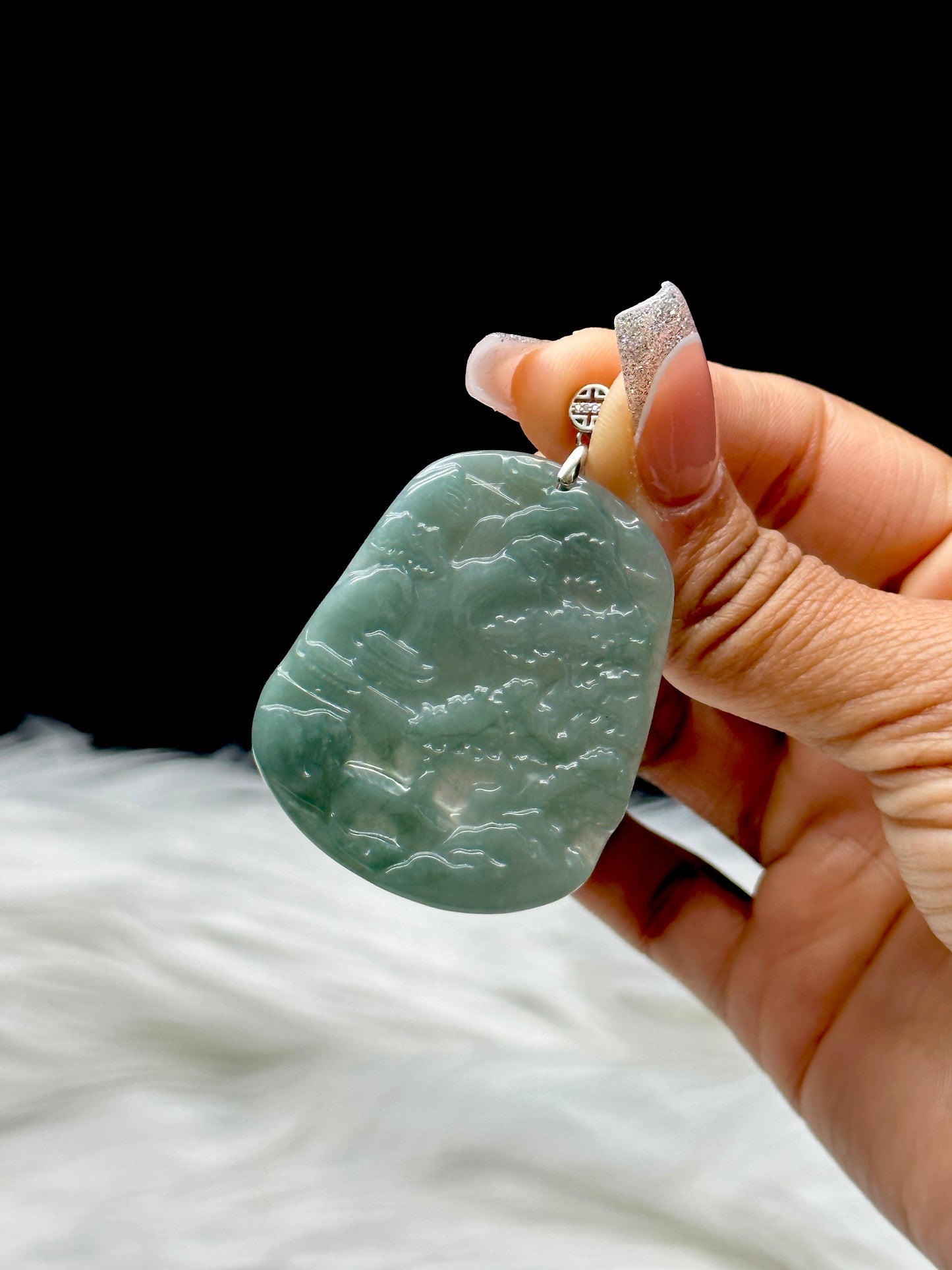 High-Quality Jade Carved Pendant – Scenic Carving with Sterling Silver Hook, Natural Green Jade