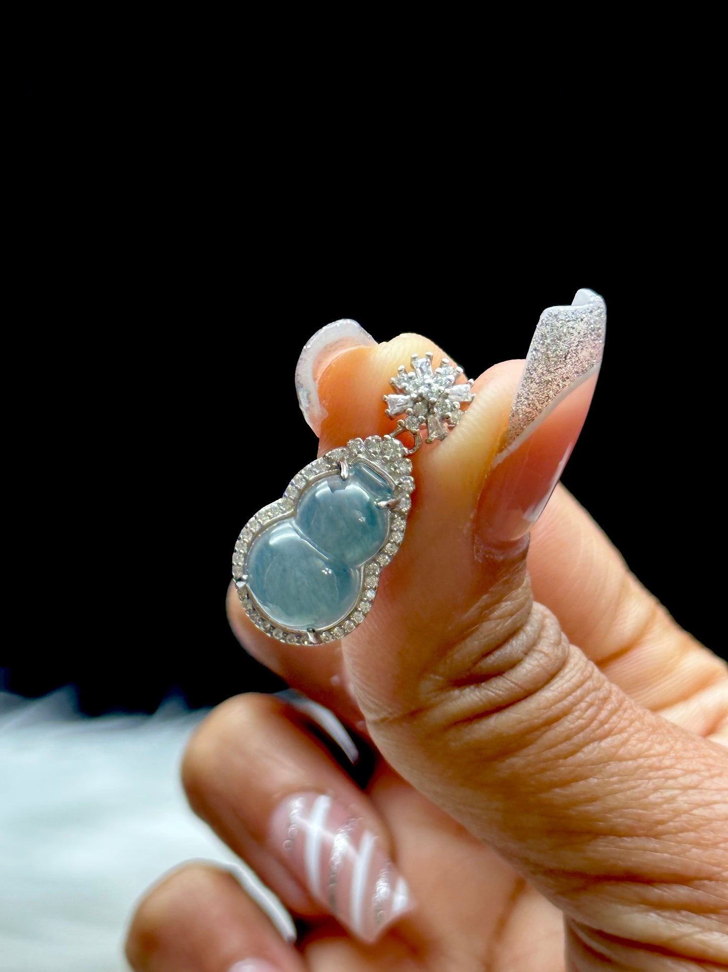 Jade Wu Lou Pendant with Moissanite Diamond – Sterling Silver Setting