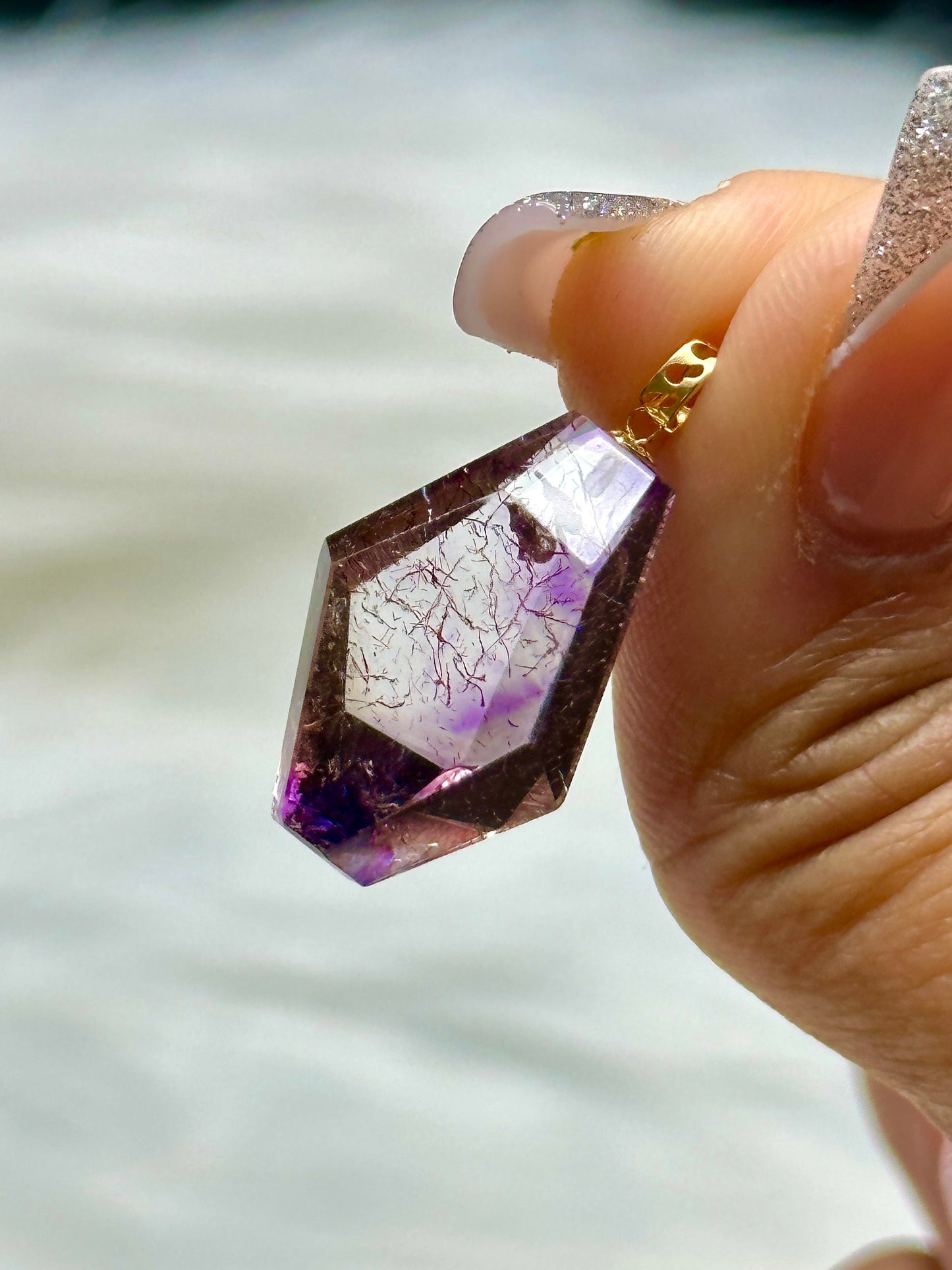 Rare Rutilated Super Seven Crystal Pendant – 18K Solid Gold Hook | High Vibration Master Healer Stone