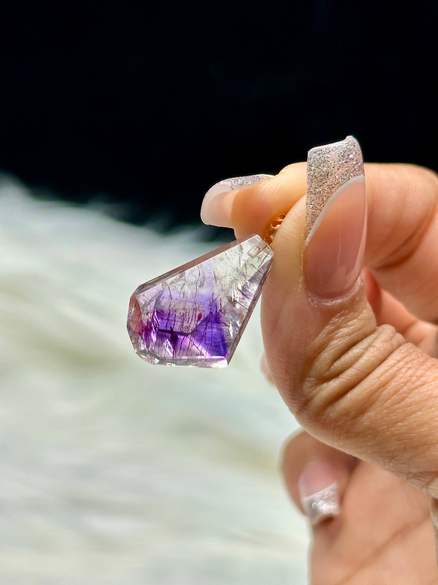 Rare Rutilated Super Seven Crystal Pendant – 18K Solid Gold Hook (No Chain)