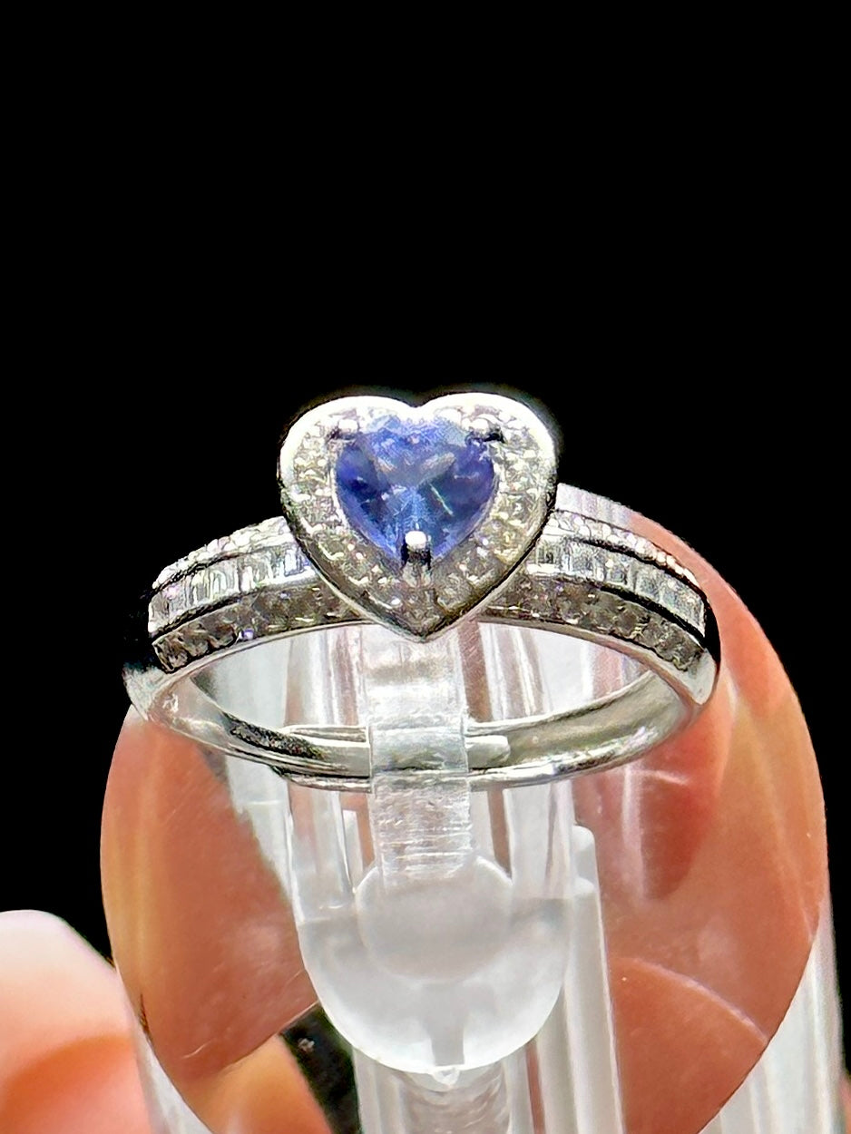 Tanzanite Crystal Heart-Shaped Ring – Adjustable Size, Sterling Silver