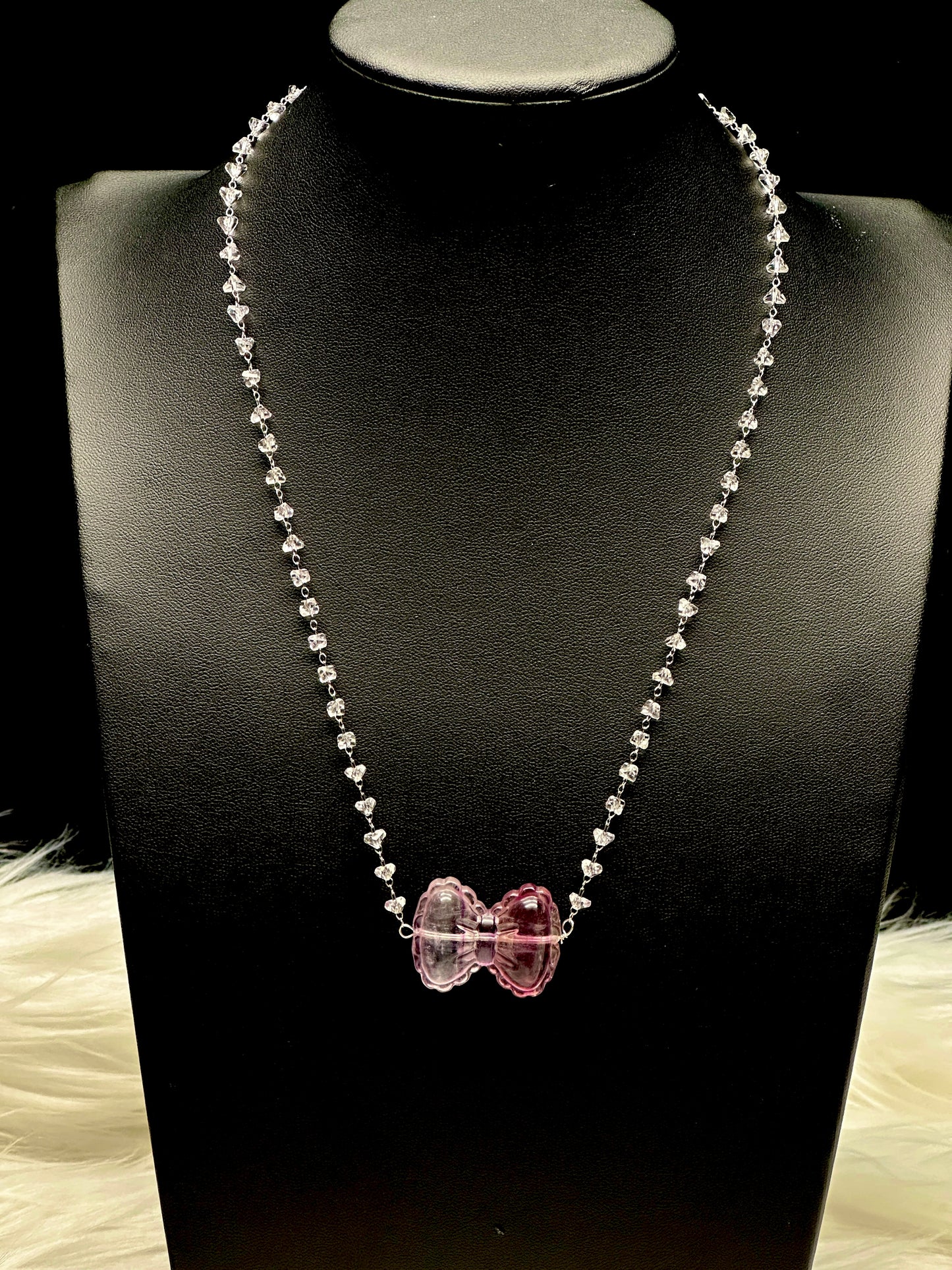 Purple & Blue Fluorite and Clear Quartz Necklace – Fluorite Bow Pendant, Handmade Crystal Jewelry