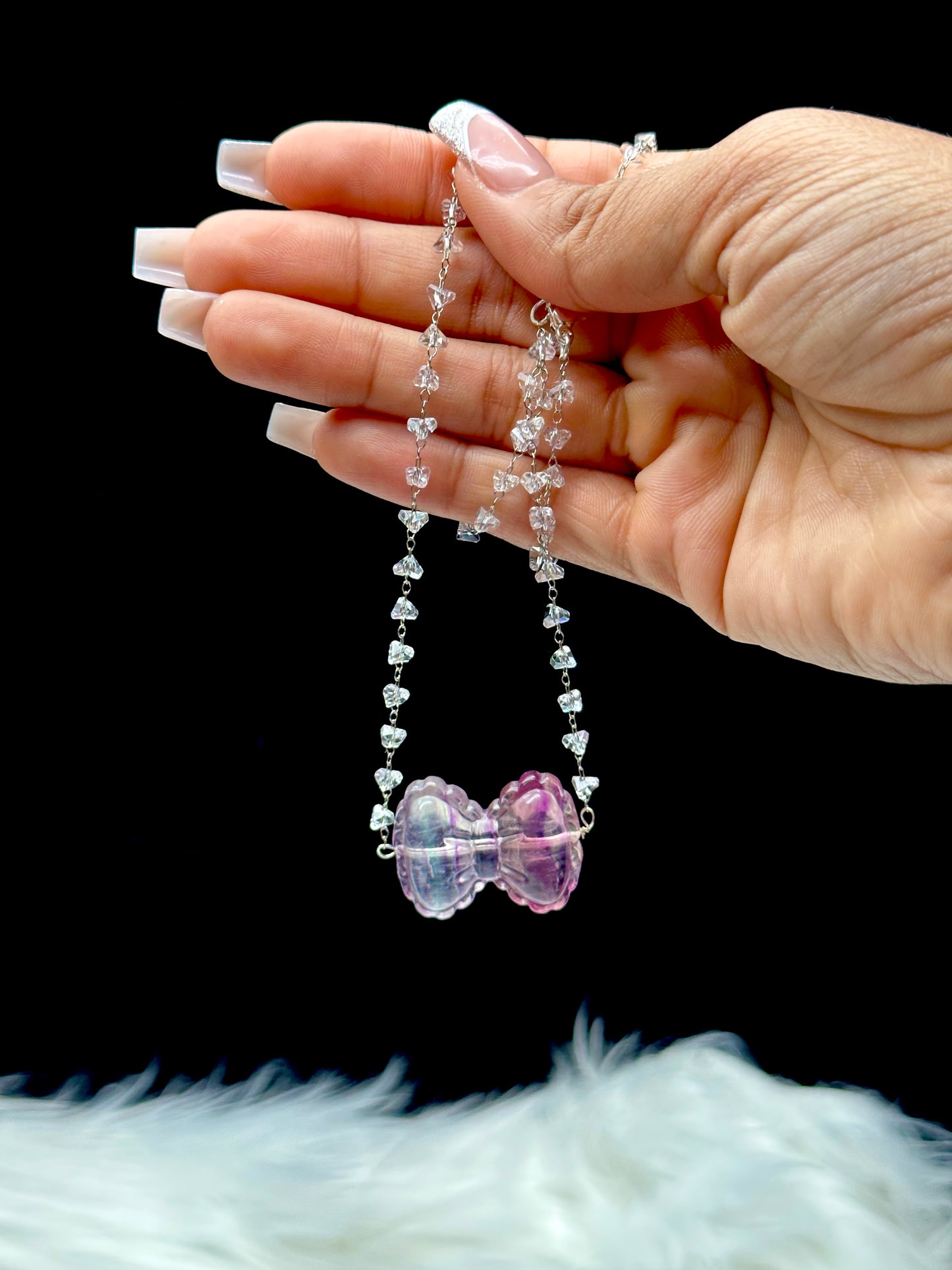 Purple & Blue Fluorite and Clear Quartz Necklace – Fluorite Bow Pendant, Handmade Crystal Jewelry