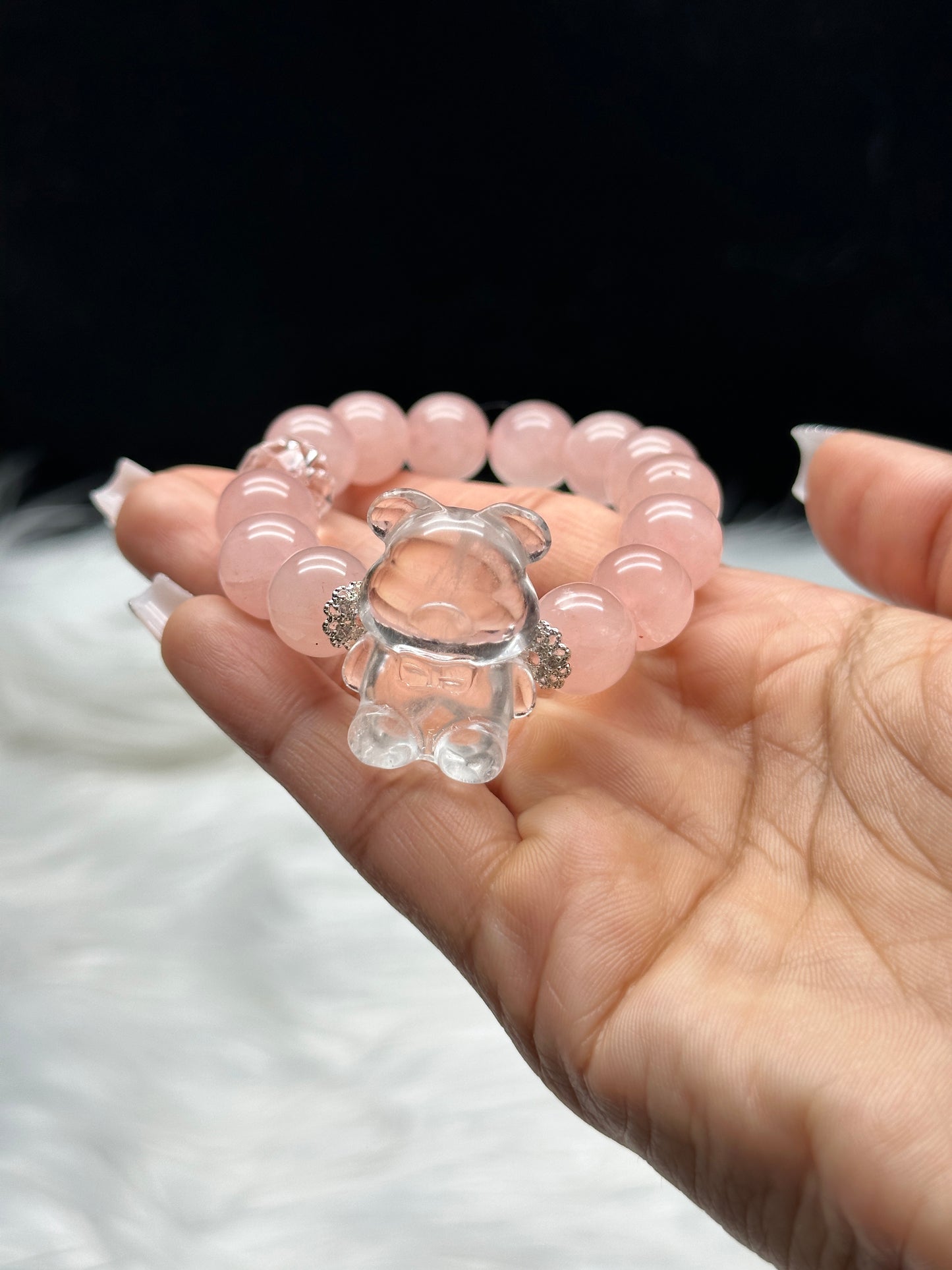 Mozambique Rose Quartz Crystal Bracelet with Clear Quartz Teddy Bear Centerpiece – Healing Crystal Jewelry