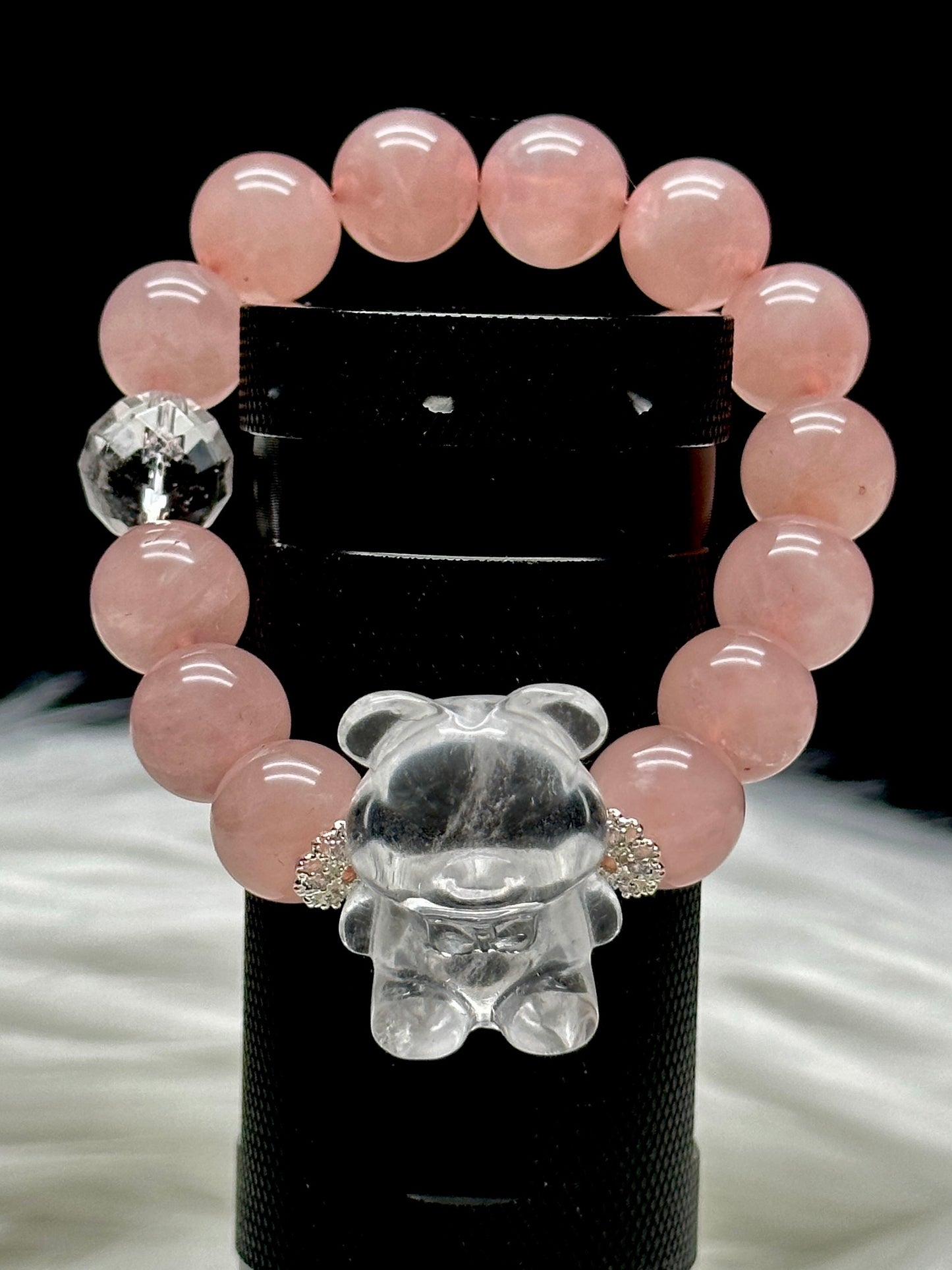 Mozambique Rose Quartz Crystal Bracelet with Clear Quartz Teddy Bear Centerpiece – Healing Crystal Jewelry