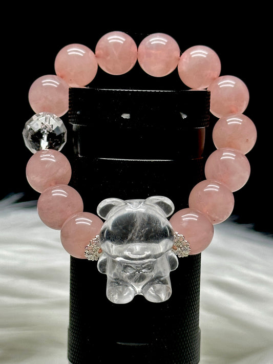 Mozambique Rose Quartz Crystal Bracelet with Clear Quartz Teddy Bear Centerpiece – Healing Crystal Jewelry